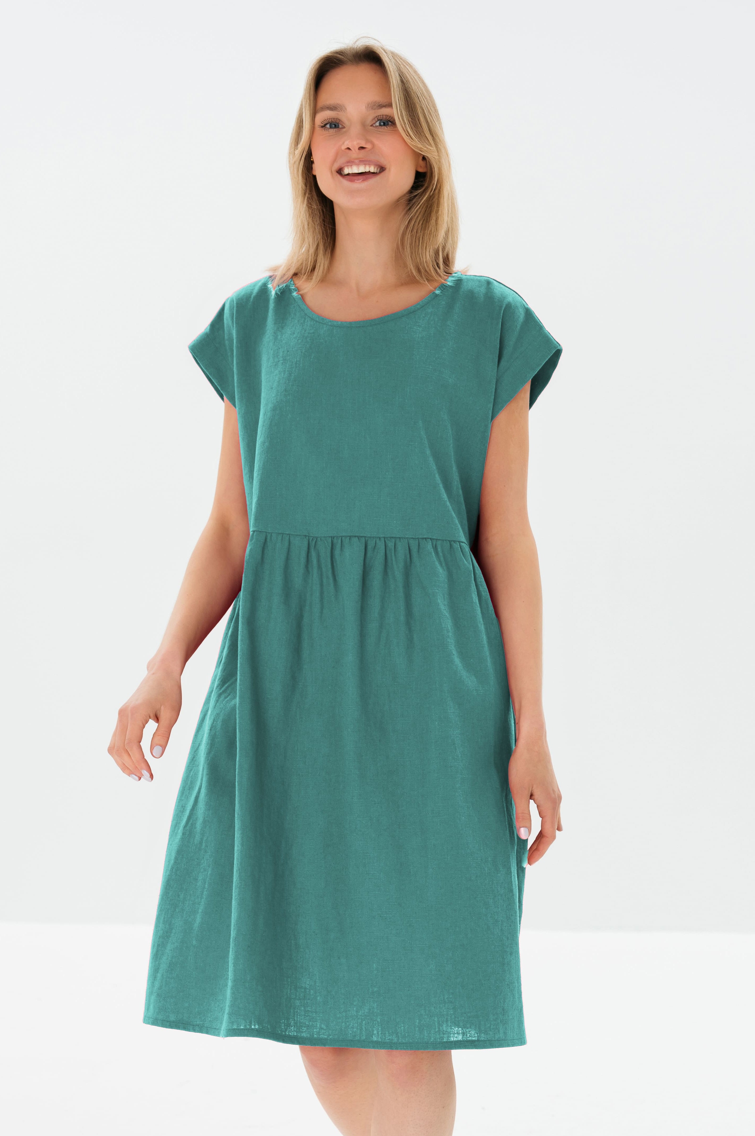 LUNA — Relaxed Linen Dress with Pockets — Teal#Color_Teal