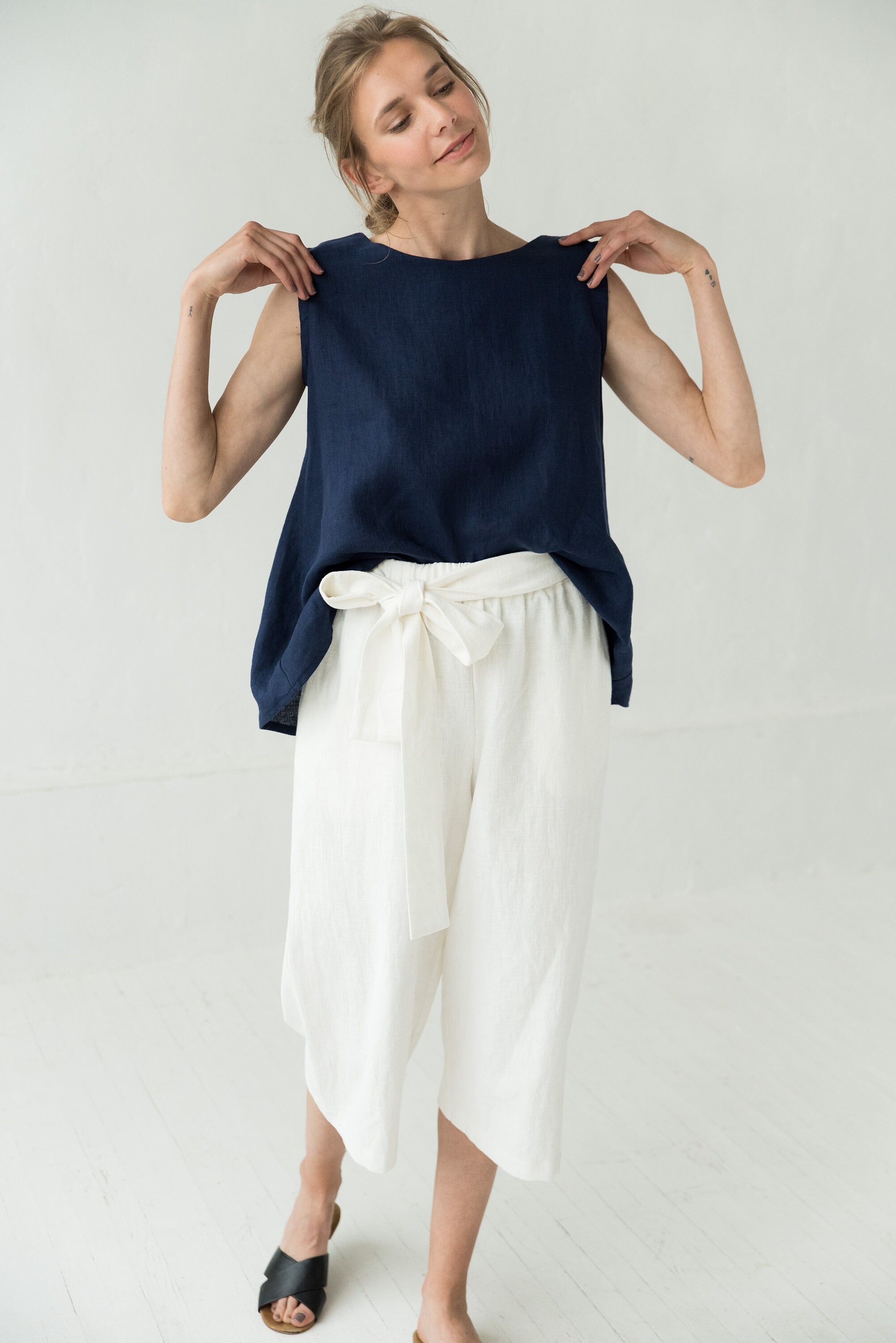 MIX & MATCH — Pantalon en lin raccourci à jambes larges