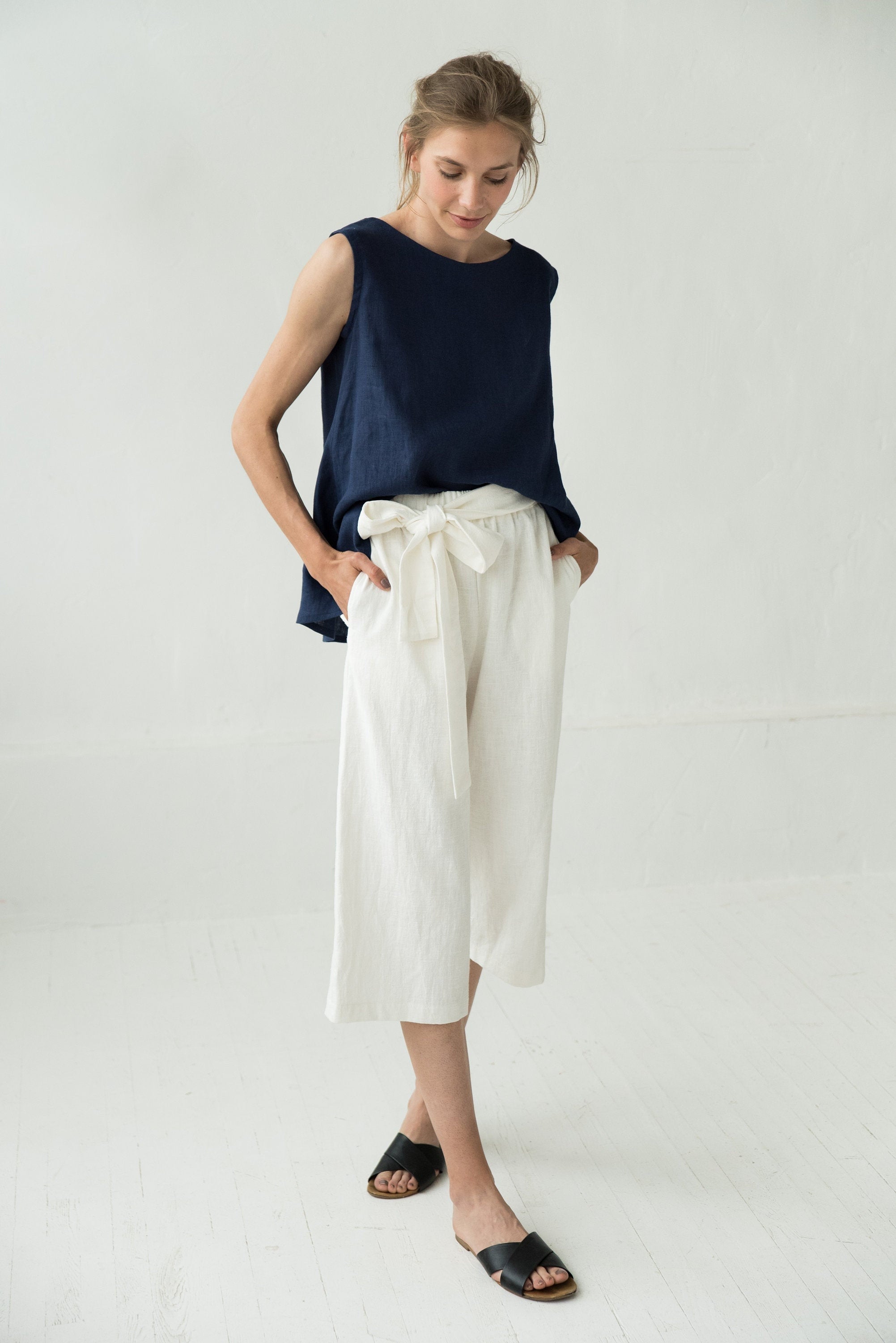 MIX & MATCH — Pantalon en lin raccourci à jambes larges