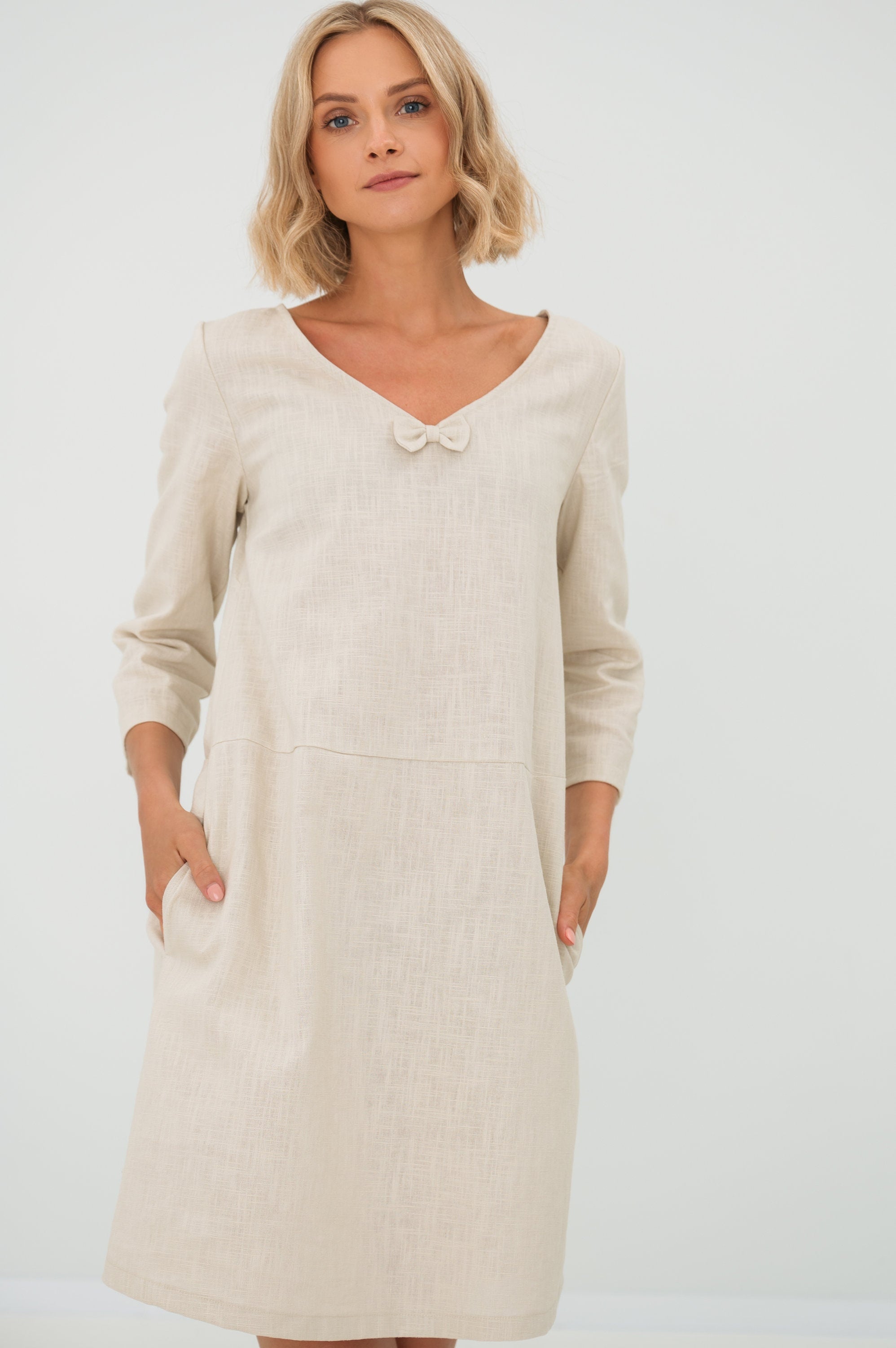 SUN — V-Neck Stonewashed Linen Dress