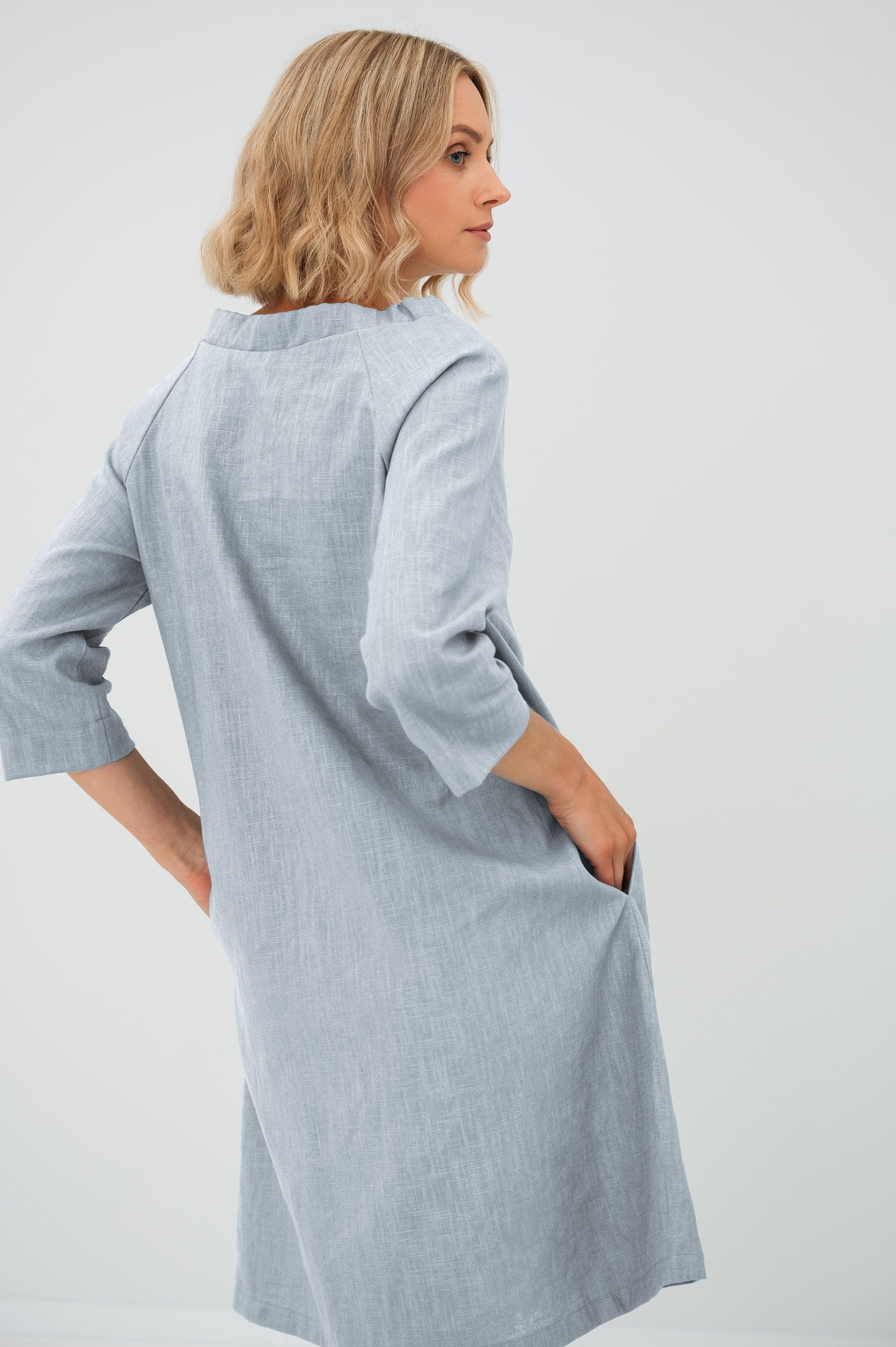 FRENCH — Stonewashed Linen Dress With Adjustable Ribbon Bow