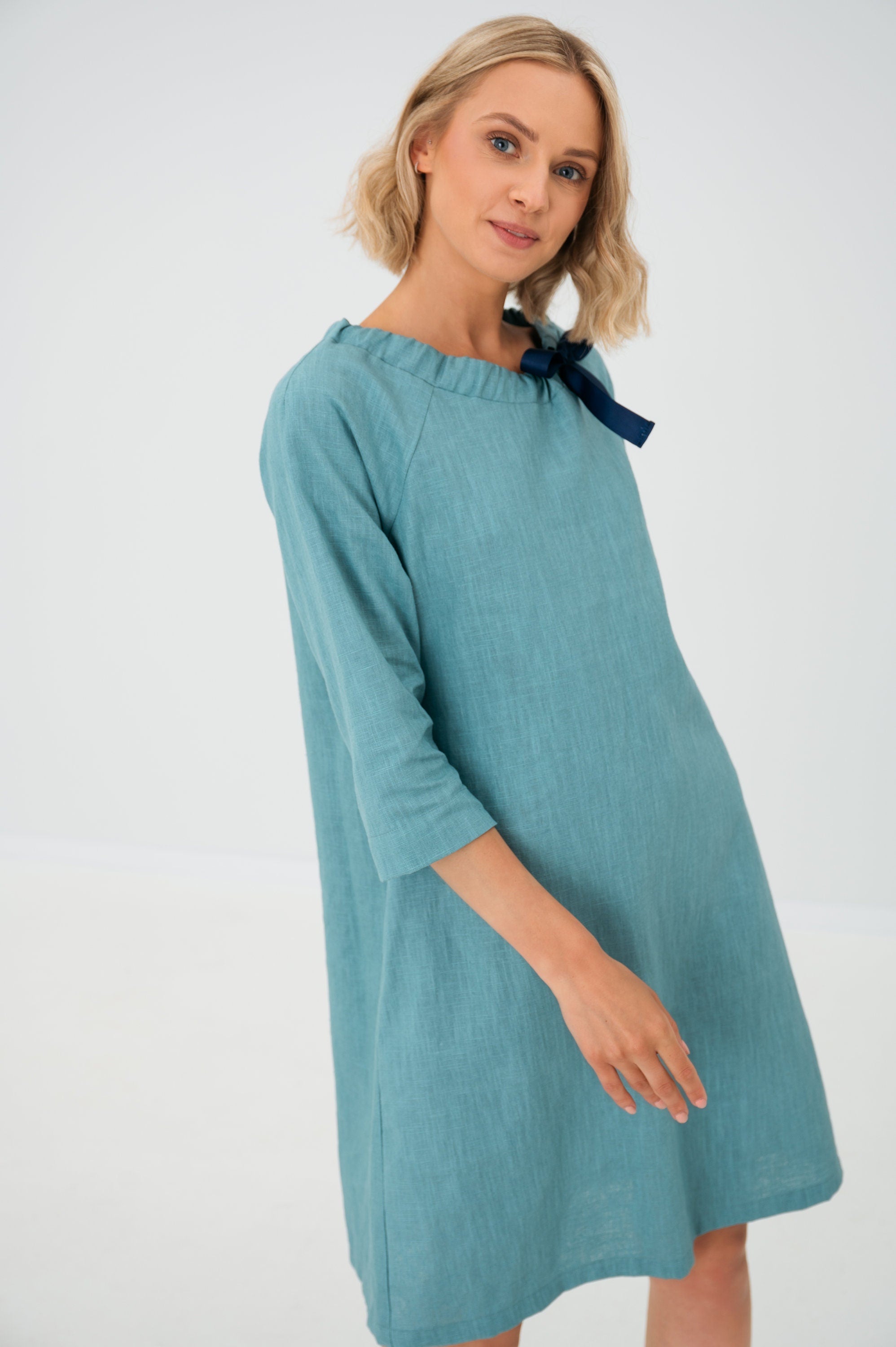 FRENCH — Stonewashed Linen Dress With Adjustable Ribbon Bow