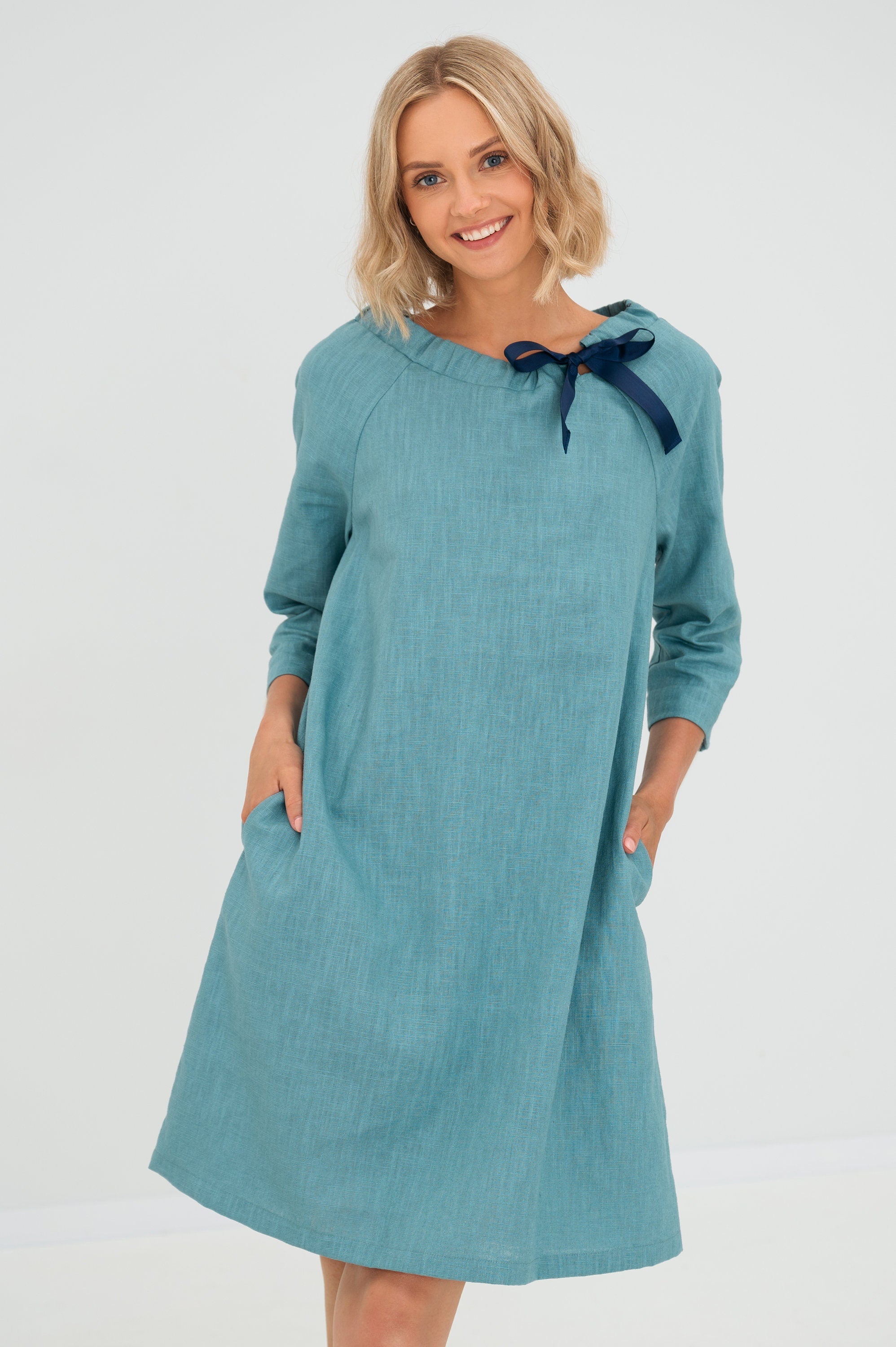 FRENCH — Stonewashed Linen Dress With Adjustable Ribbon Bow