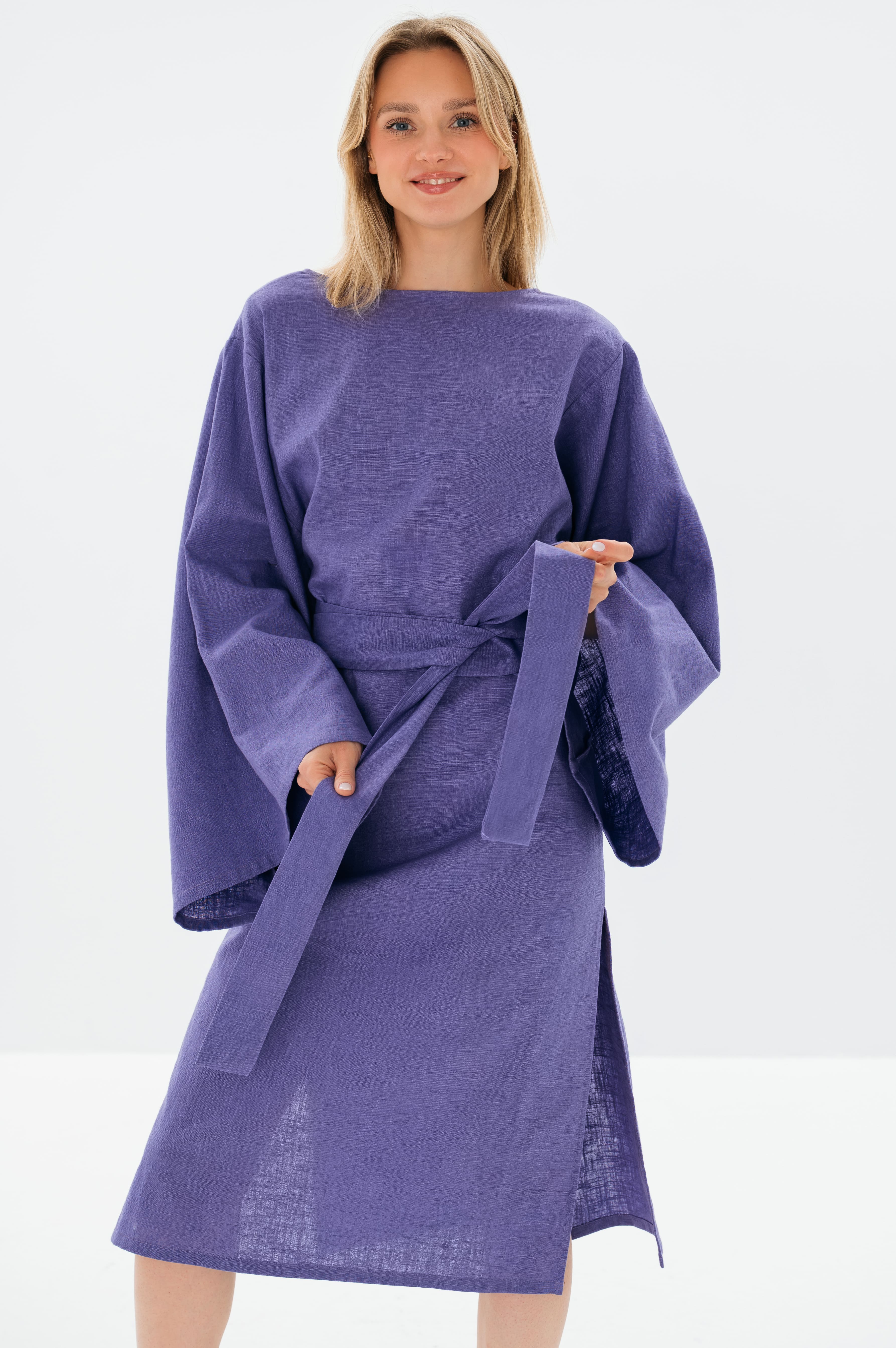 WHISPER — Stonewashed Linen Kimono-Sleeve Midi Dress