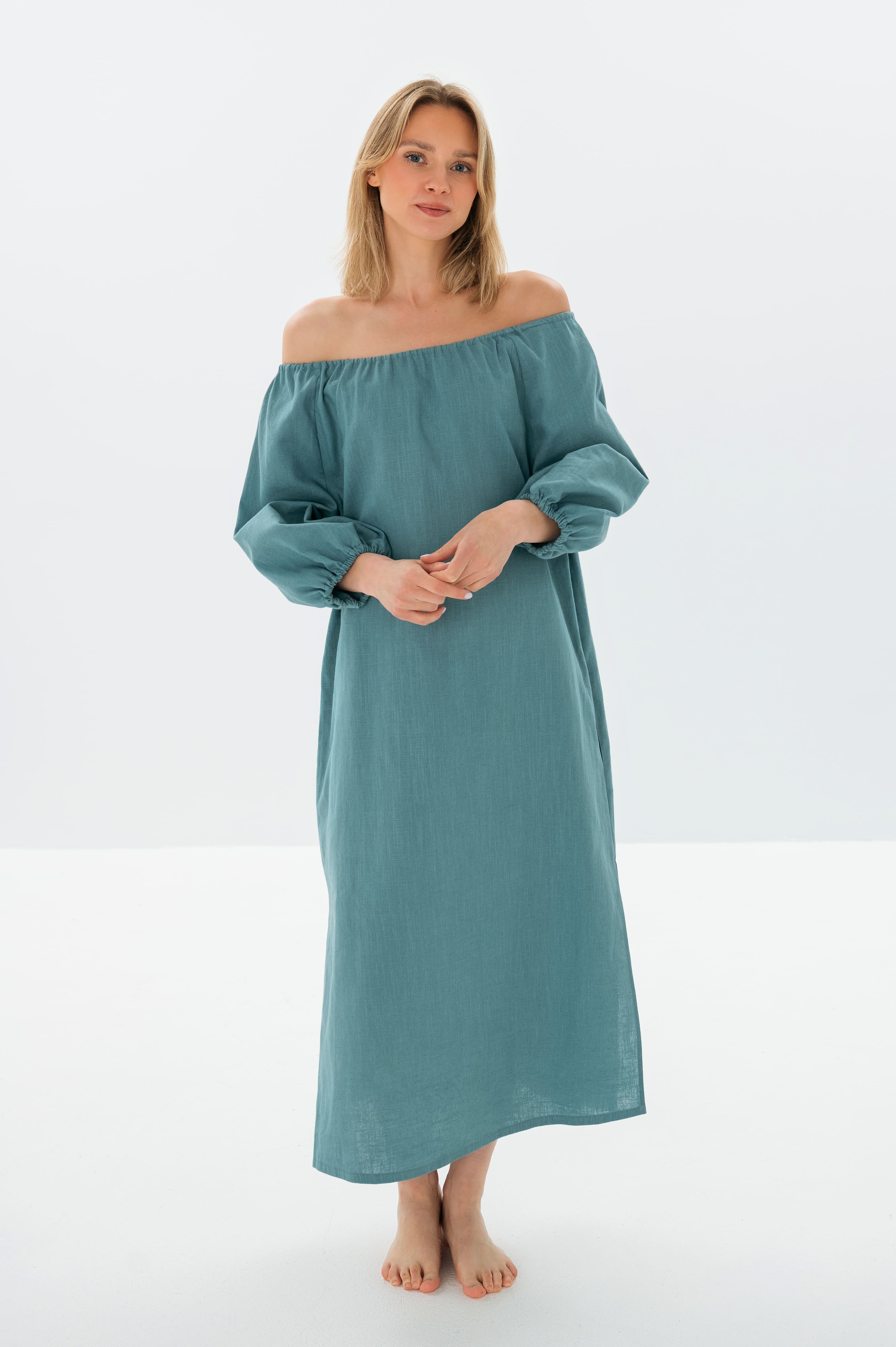 MOON — Off-Shoulder Stonewashed Linen Midi Dress