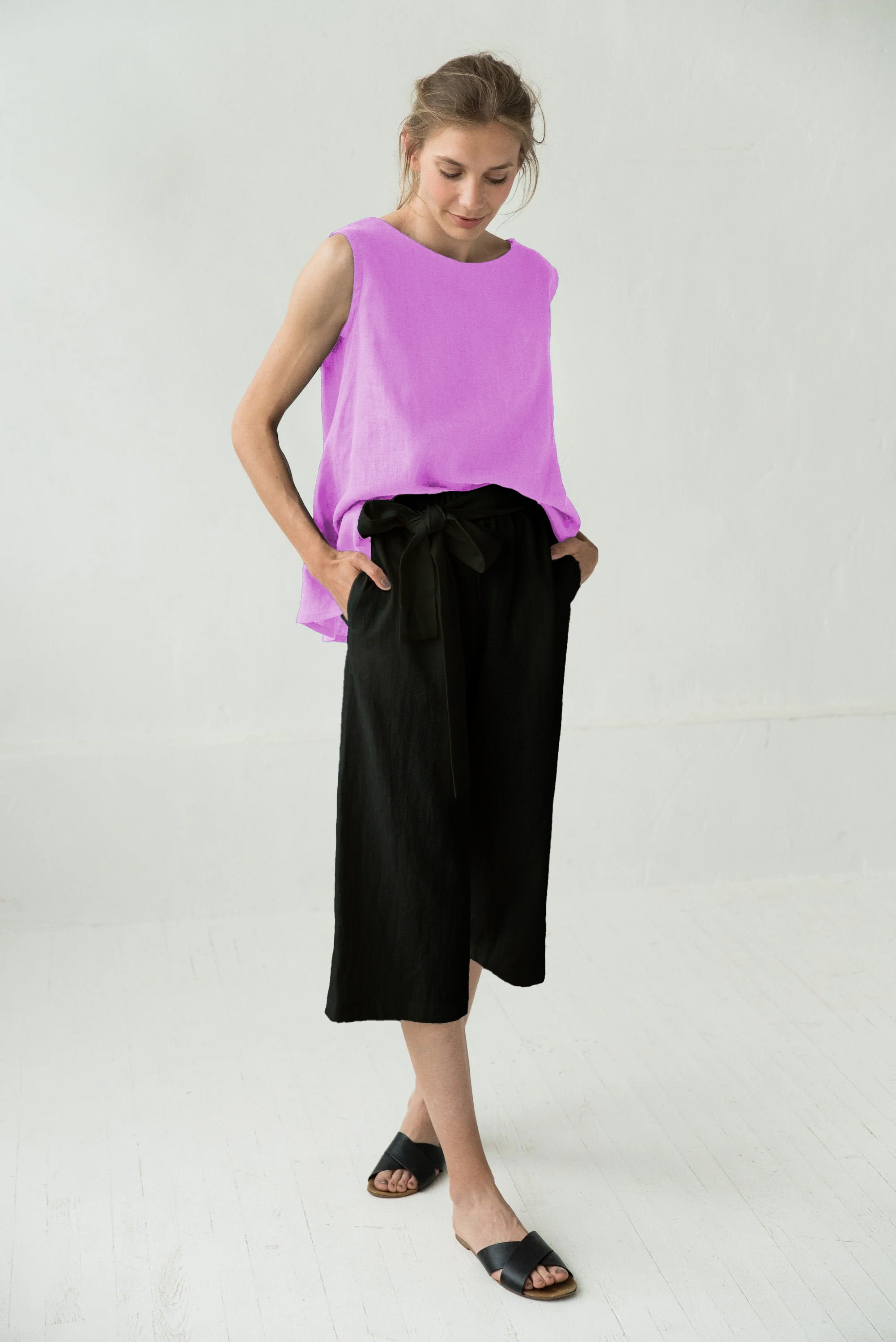 MIX & MATCH — Pantalon en lin raccourci à jambes larges