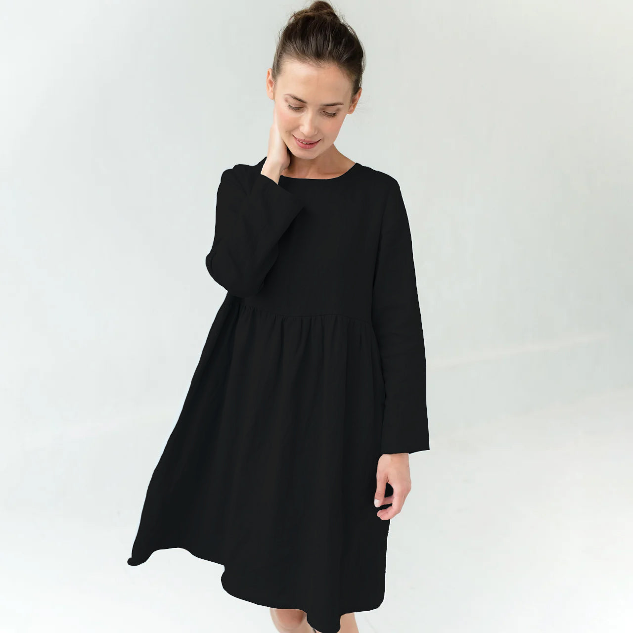 CANDY — Long-Sleeve Stonewashed Linen Dress — Black#Color_Black
