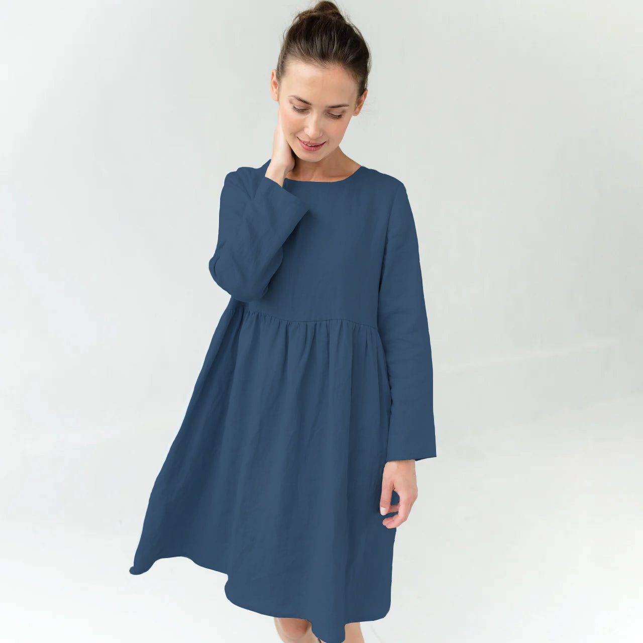 CANDY — Long-Sleeve Stonewashed Linen Dress — Blue#Color_Blue
