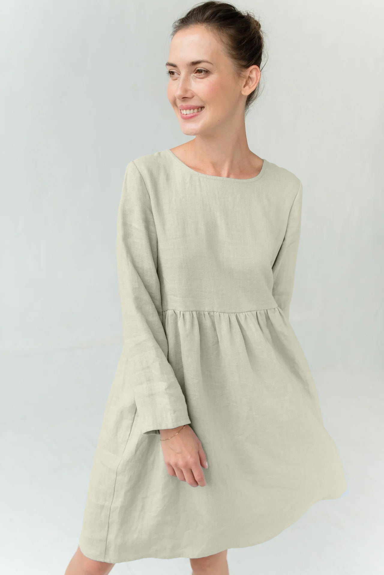 CANDY — Long-Sleeve Stonewashed Linen Dress — Beige#Color_Beige