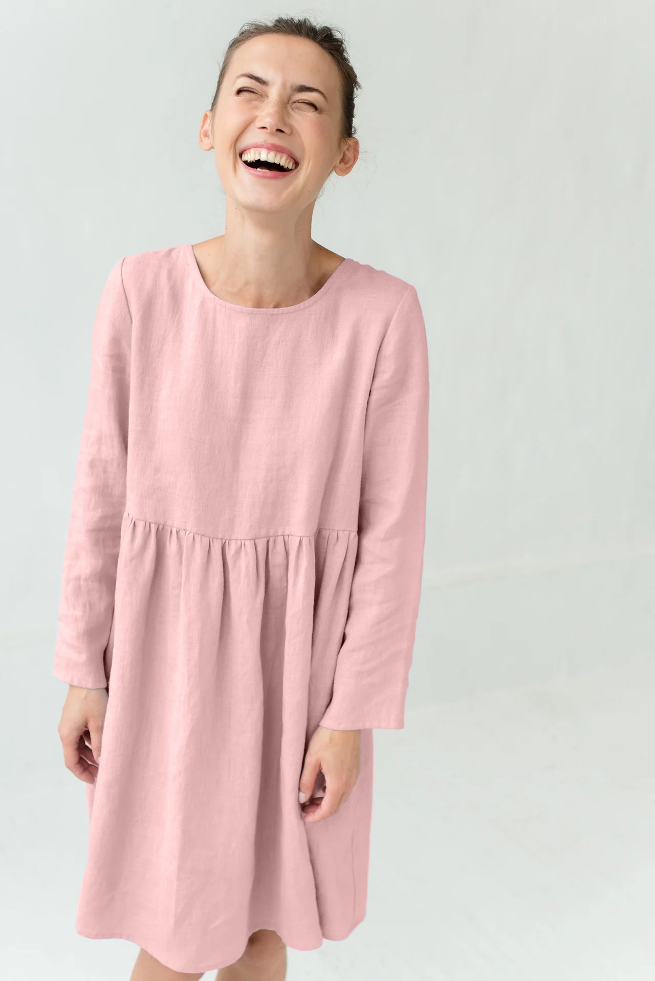 CANDY — Long-Sleeve Stonewashed Linen Dress — Rose#Color_Rose