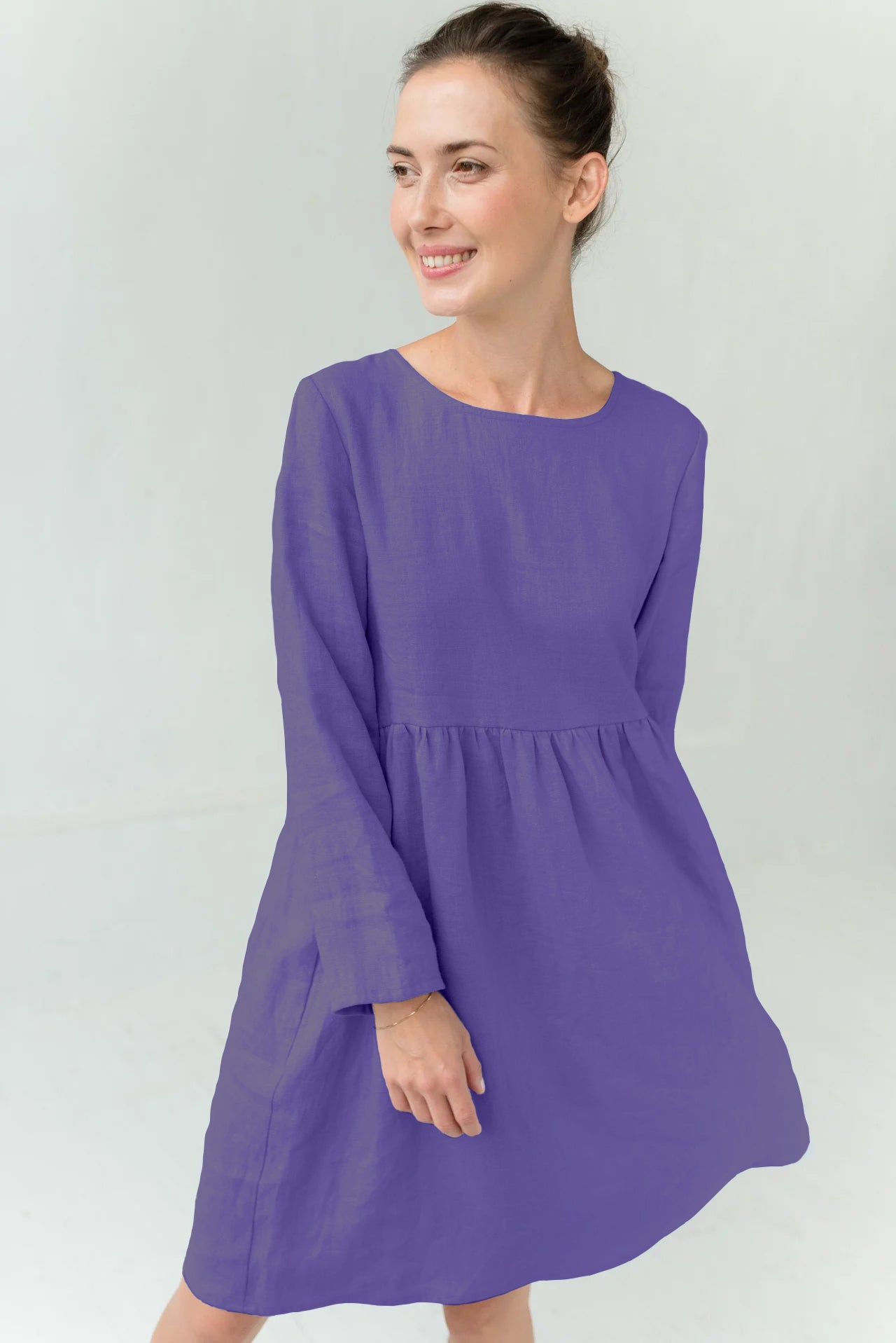 CANDY — Long-Sleeve Stonewashed Linen Dress — Purple#Color_Purple