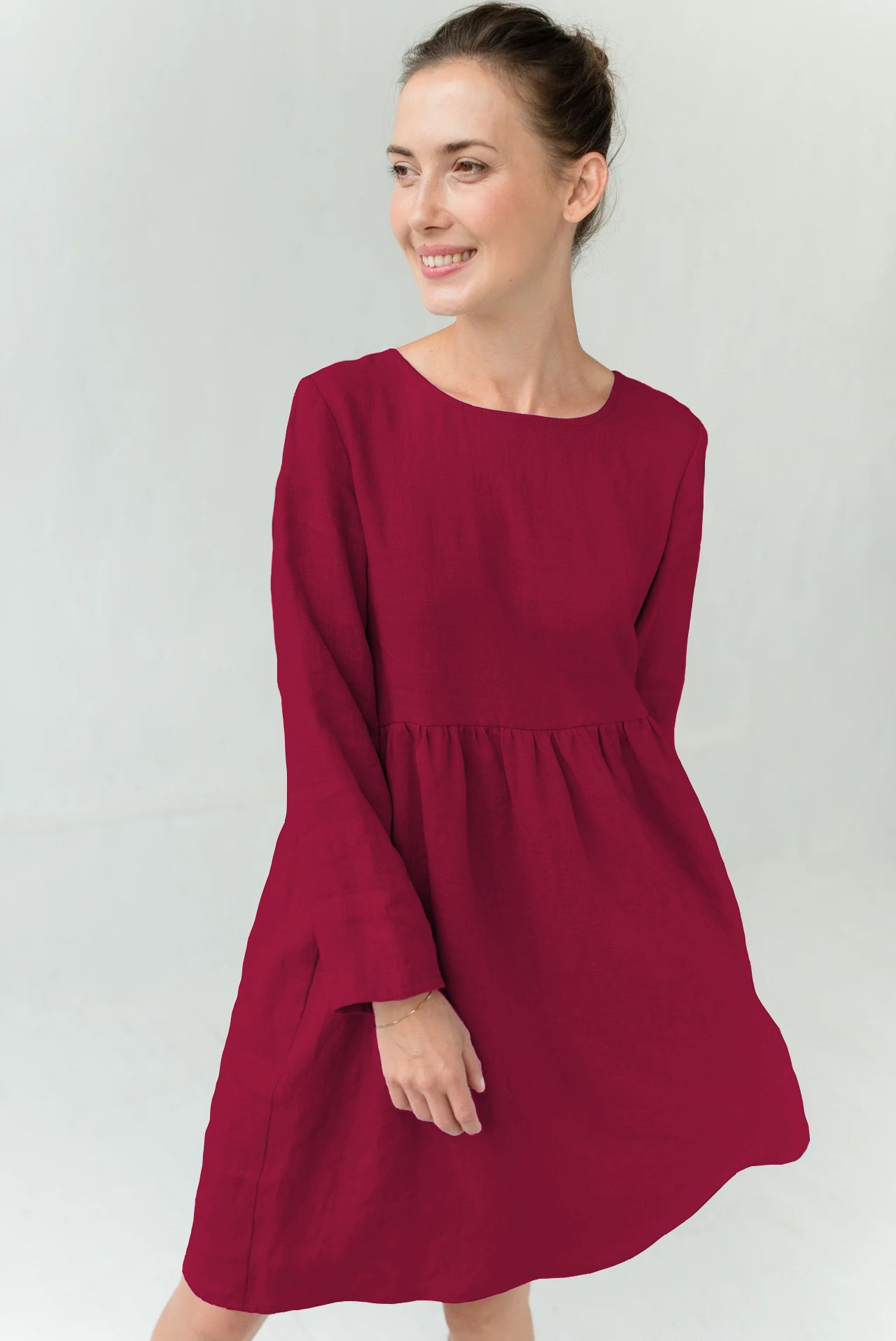 CANDY — Long-Sleeve Stonewashed Linen Dress — Cerise#Color_Cerise