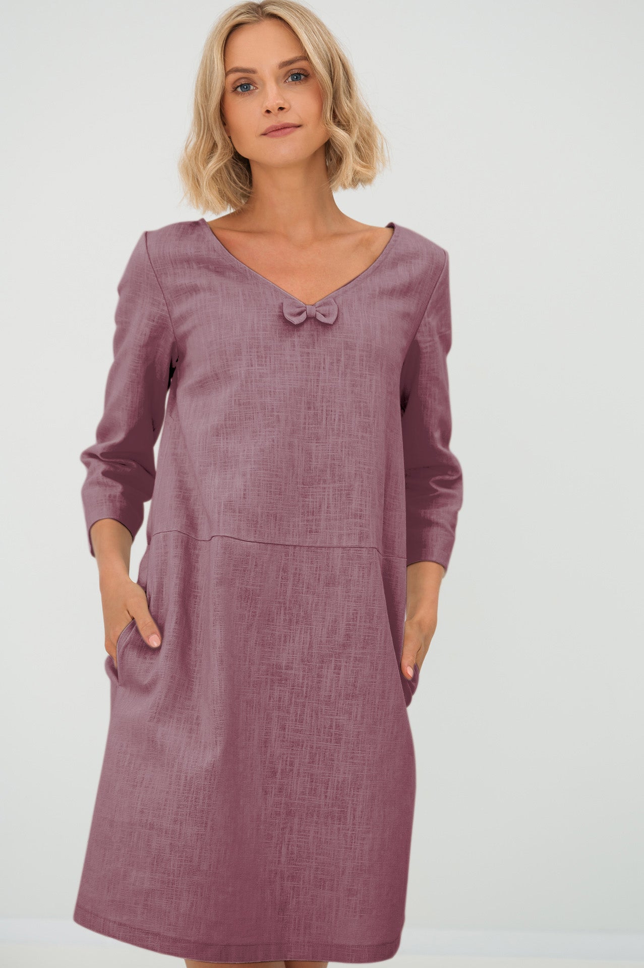 Linen dress SUN — Stonewashed V-Neck Linen Above the Knee Dusty rose#Color_Dusty rose