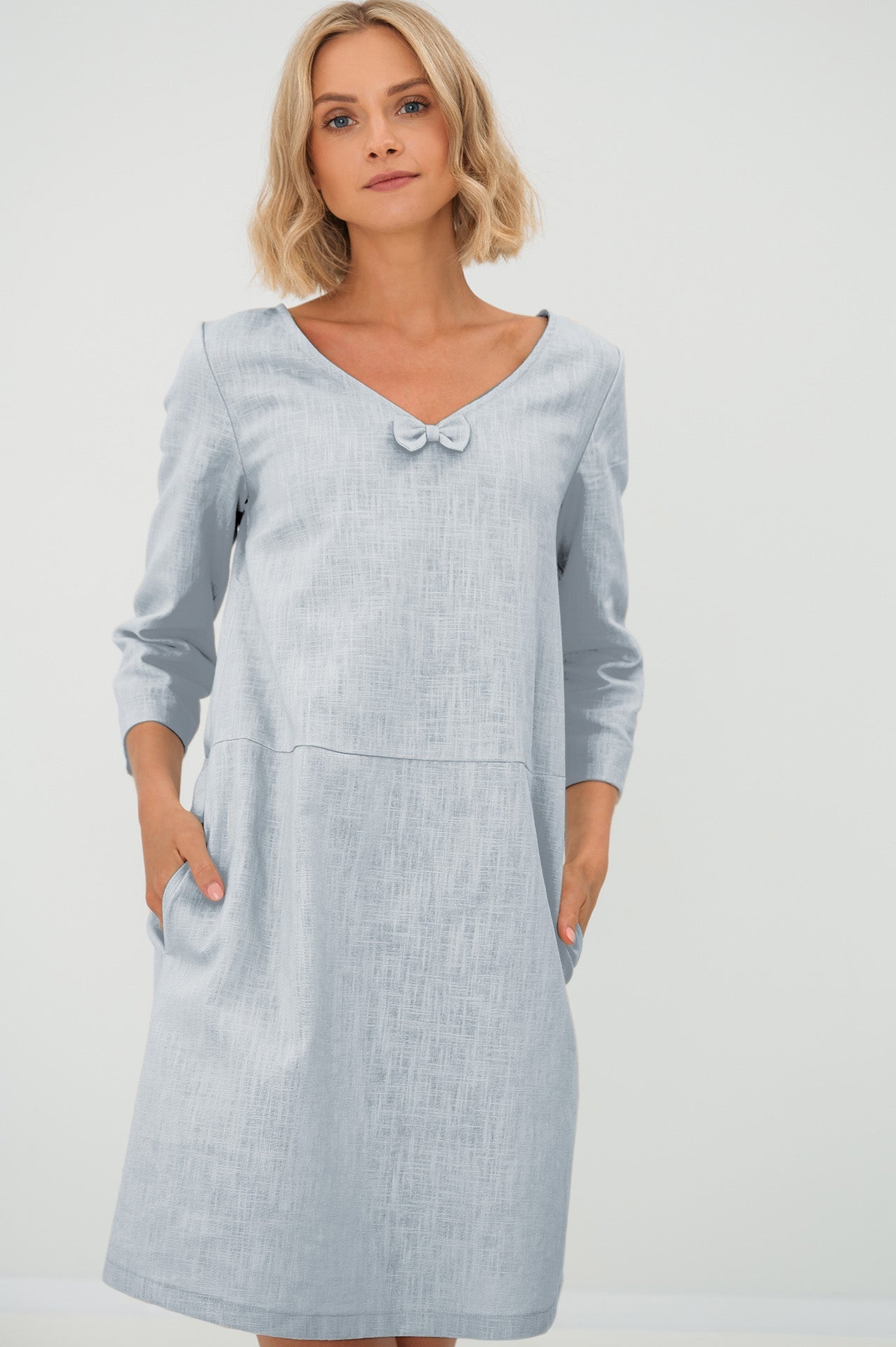 Linen dress SUN — Stonewashed V-Neck Linen Above the Knee Light blue#Color_Light blue