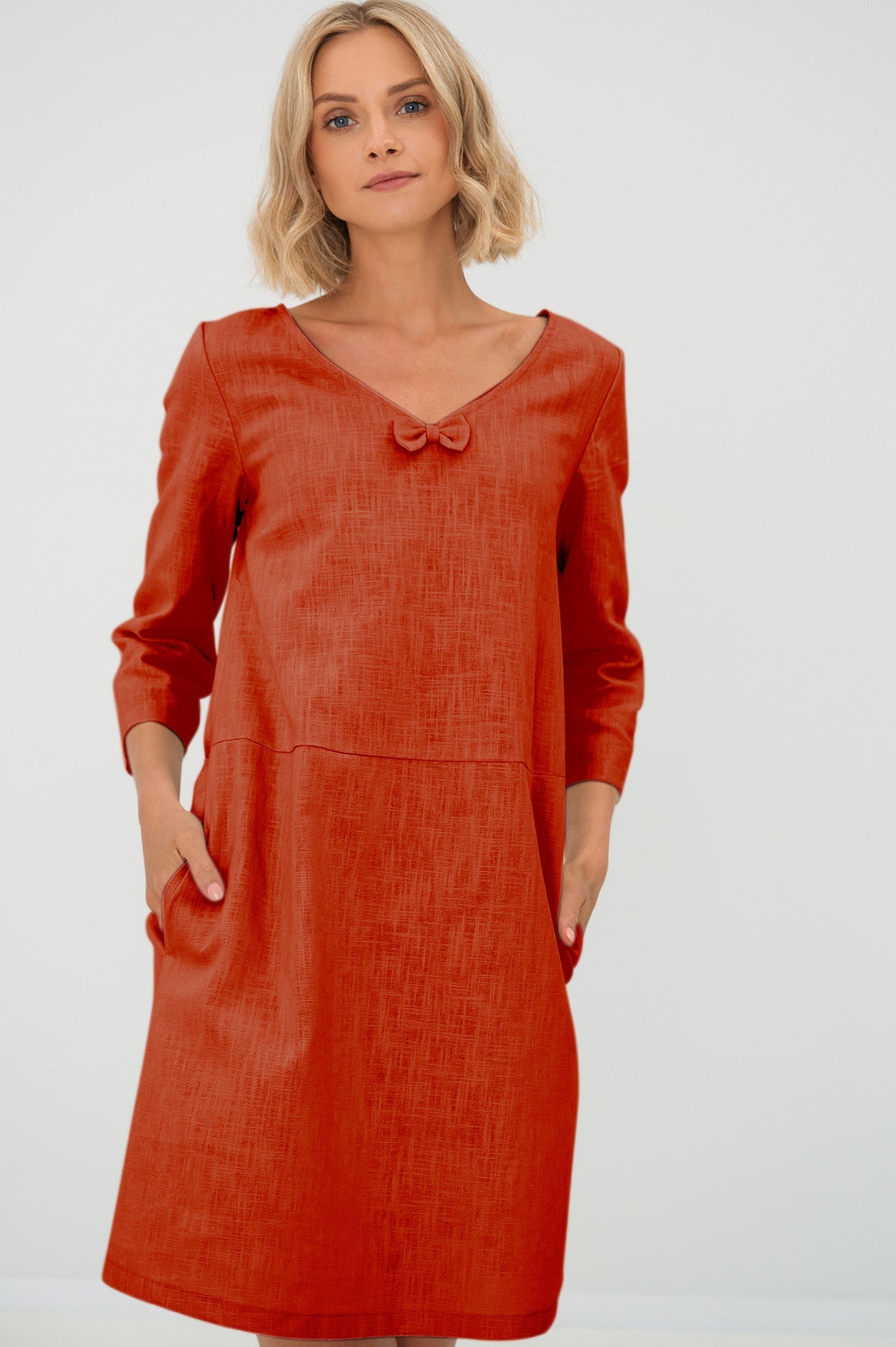 Linen dress SUN — Stonewashed V-Neck Linen Above the Knee Orange#Color_Orange