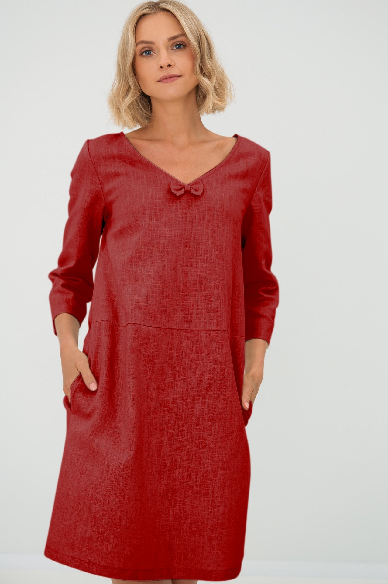 Linen dress SUN — Stonewashed V-Neck Linen Above the Knee Red#Color_Red
