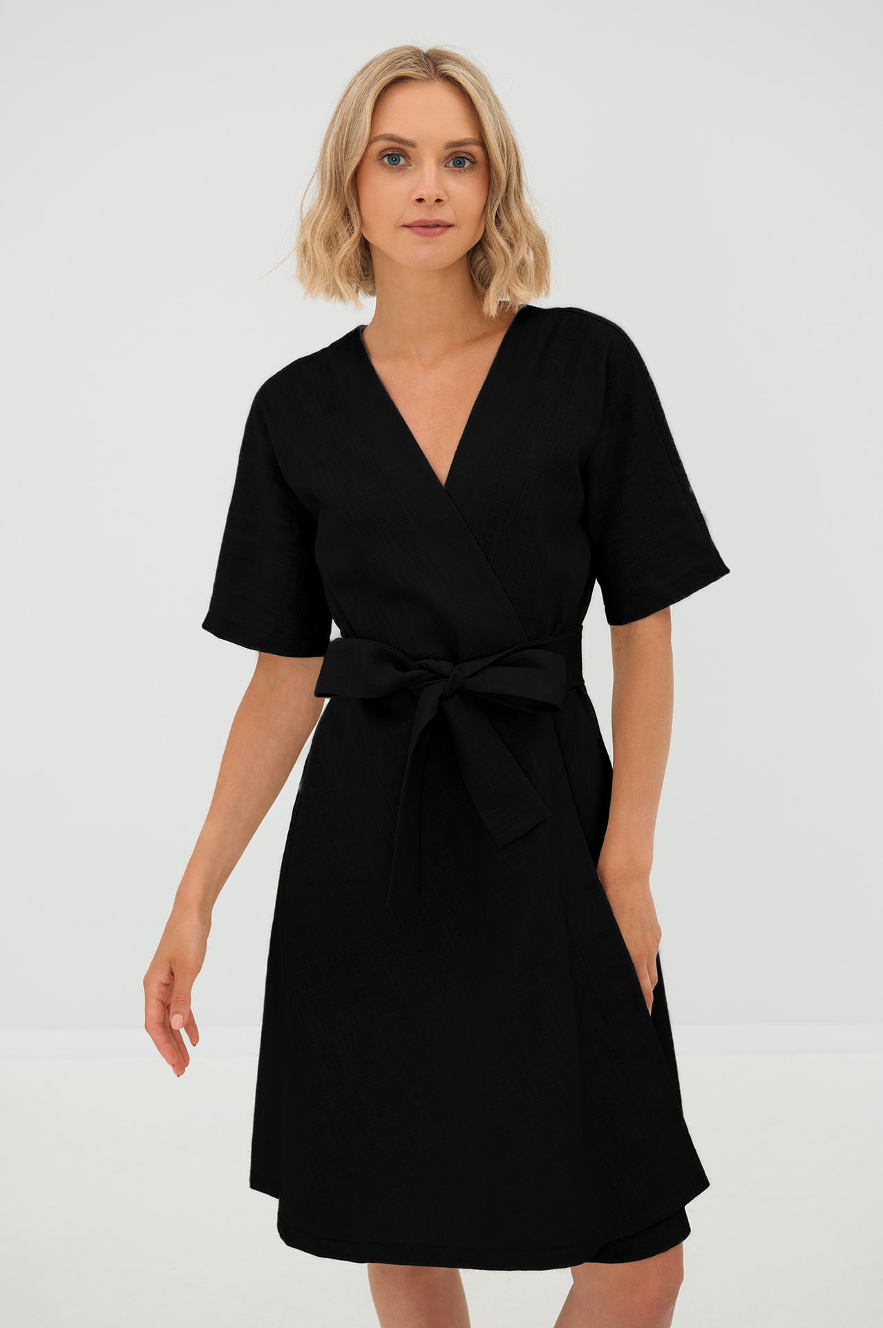 CHLOE — Wrap-Style Linen Dress with Pockets — Black#Color_Black