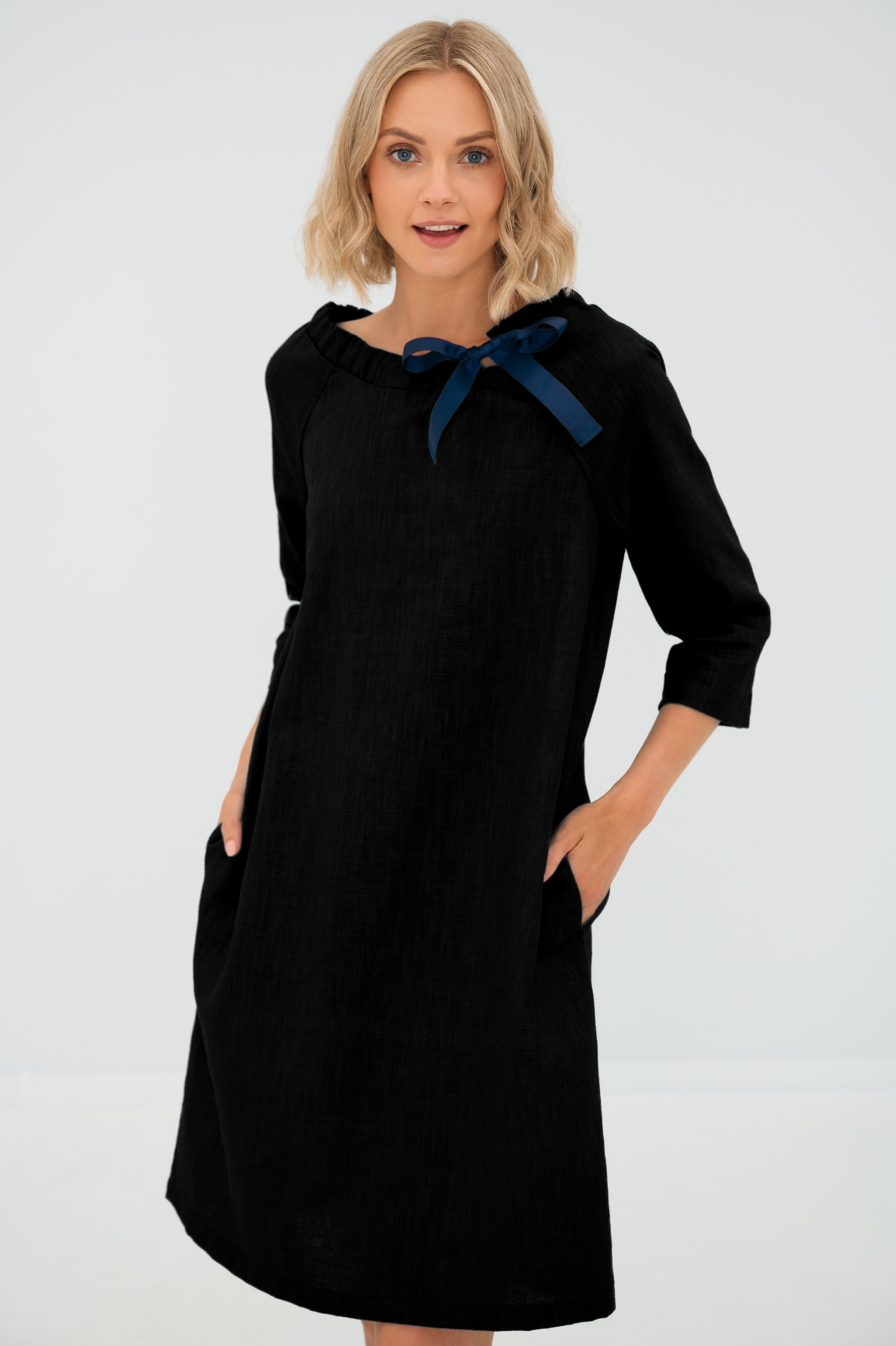 Linen dress FRENCH — Stonewashed Linen with an Adjustable Bow Black#Color_Black