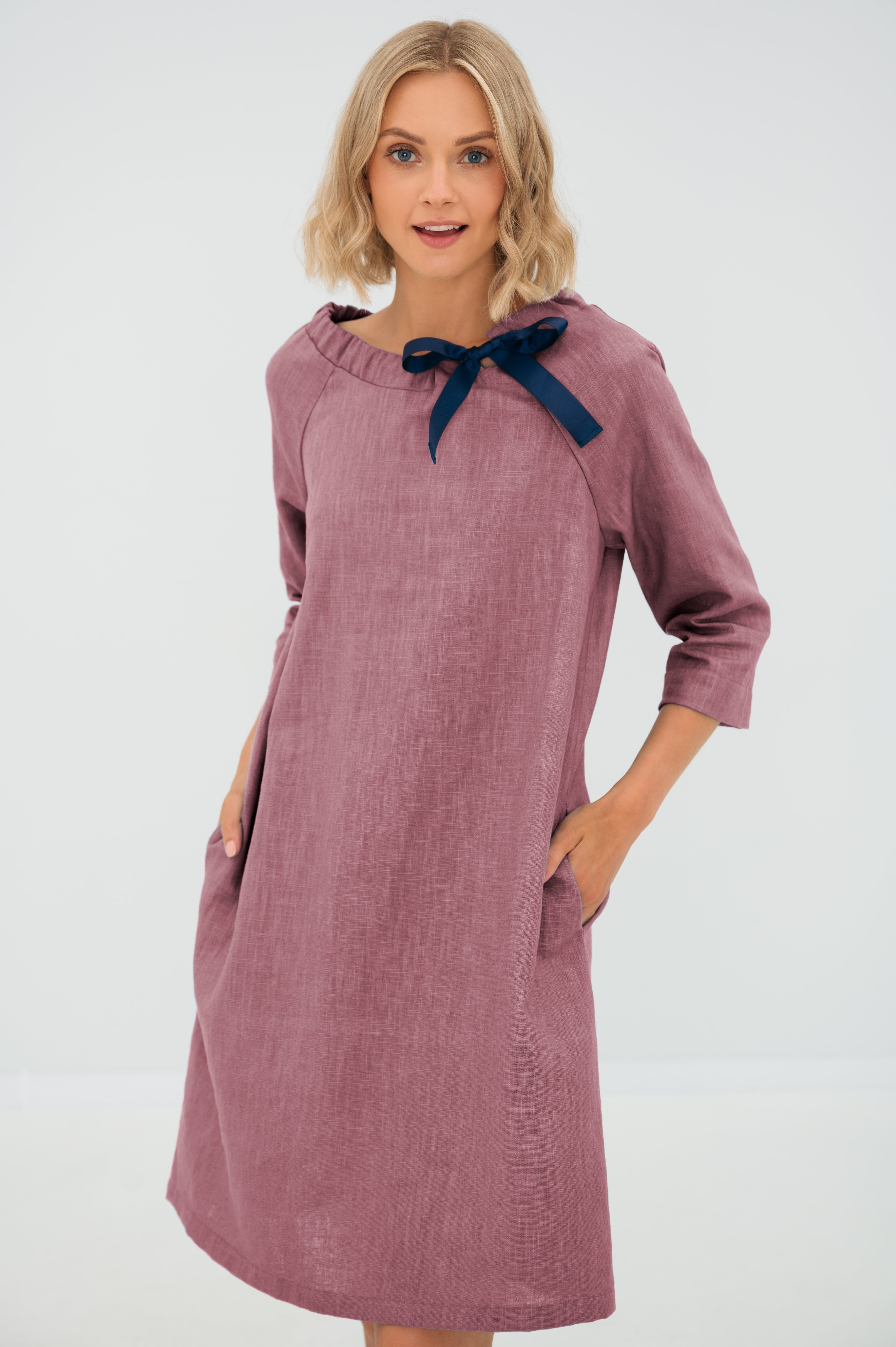 Linen dress FRENCH — Stonewashed Linen with an Adjustable Bow Dusty rose#Color_Dusty rose