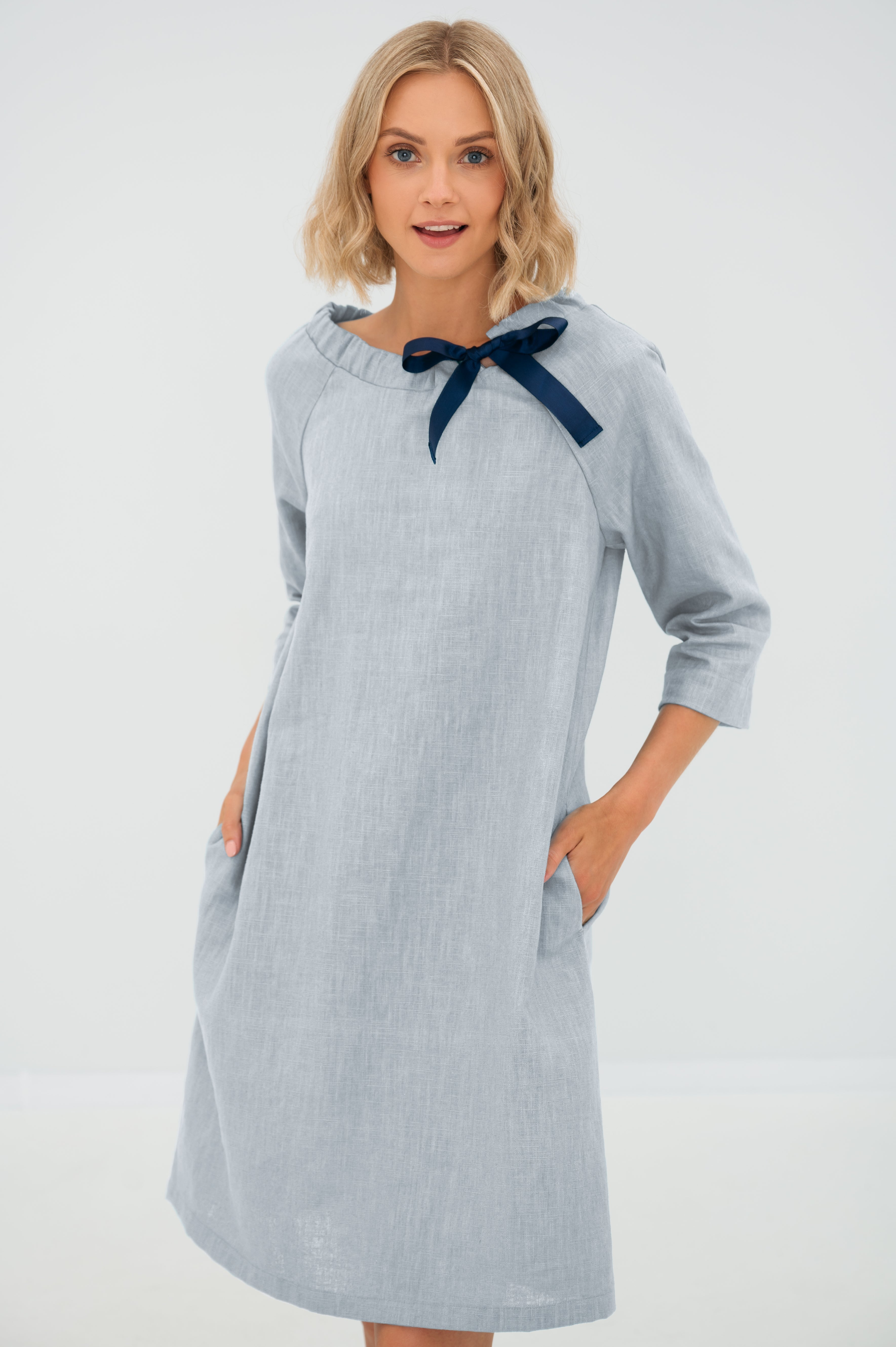 Linen dress FRENCH — Stonewashed Linen with an Adjustable Bow Light blue#Color_Light blue