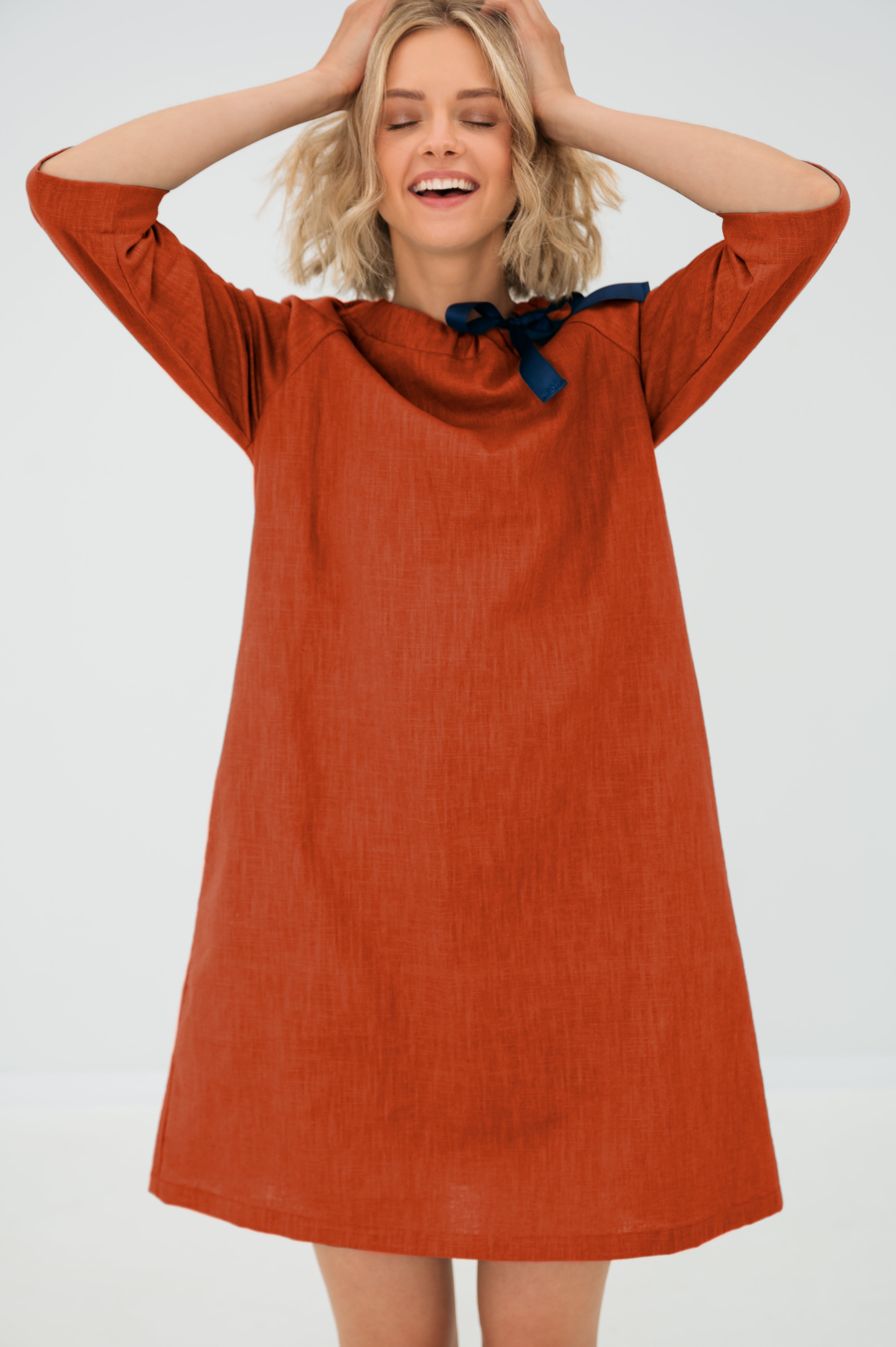 Linen dress FRENCH — Stonewashed Linen with an Adjustable Bow Orange#Color_Orange