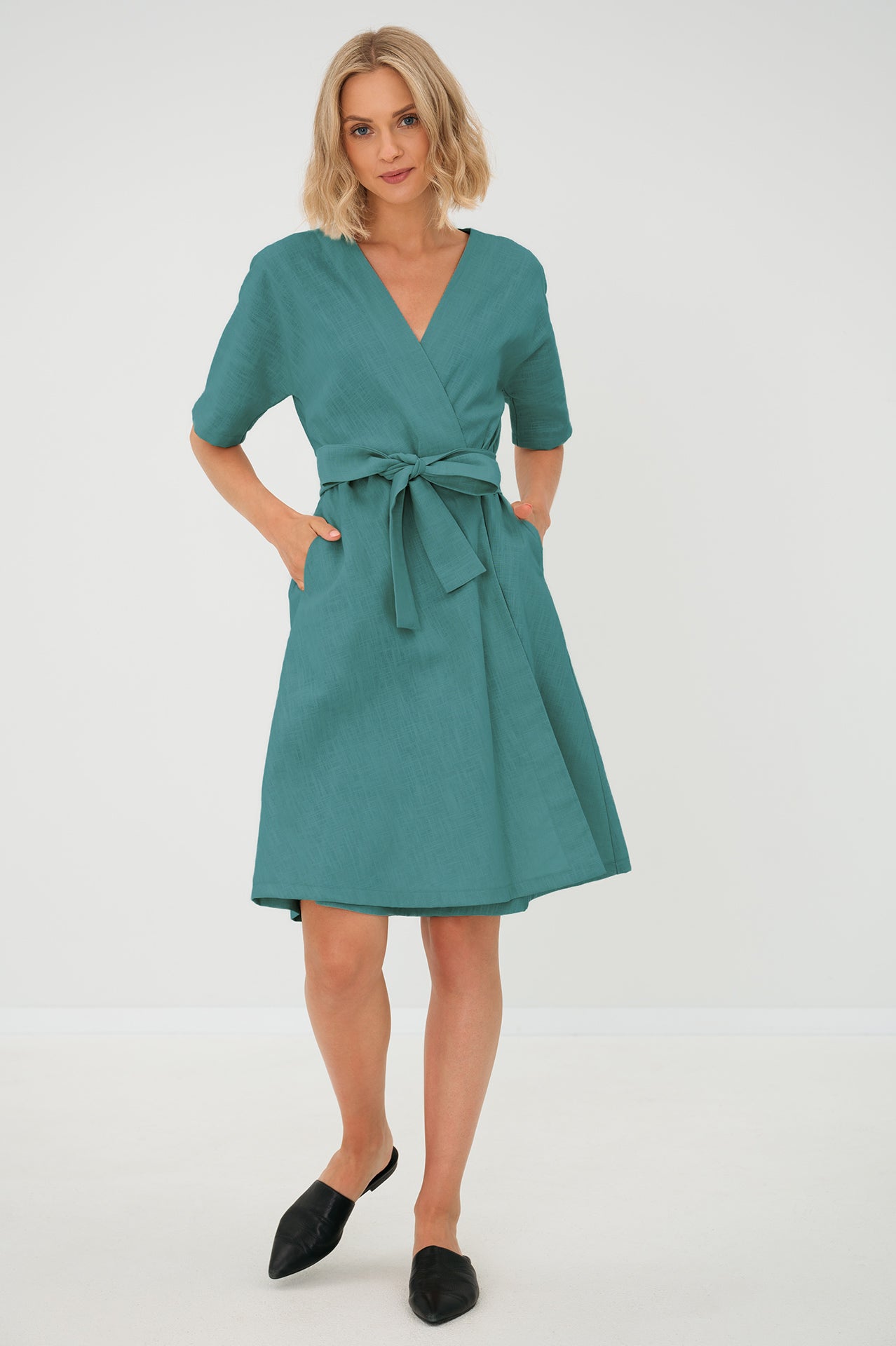 CHLOE — Wrap-Style Linen Dress with Pockets — Teal#Color_Teal