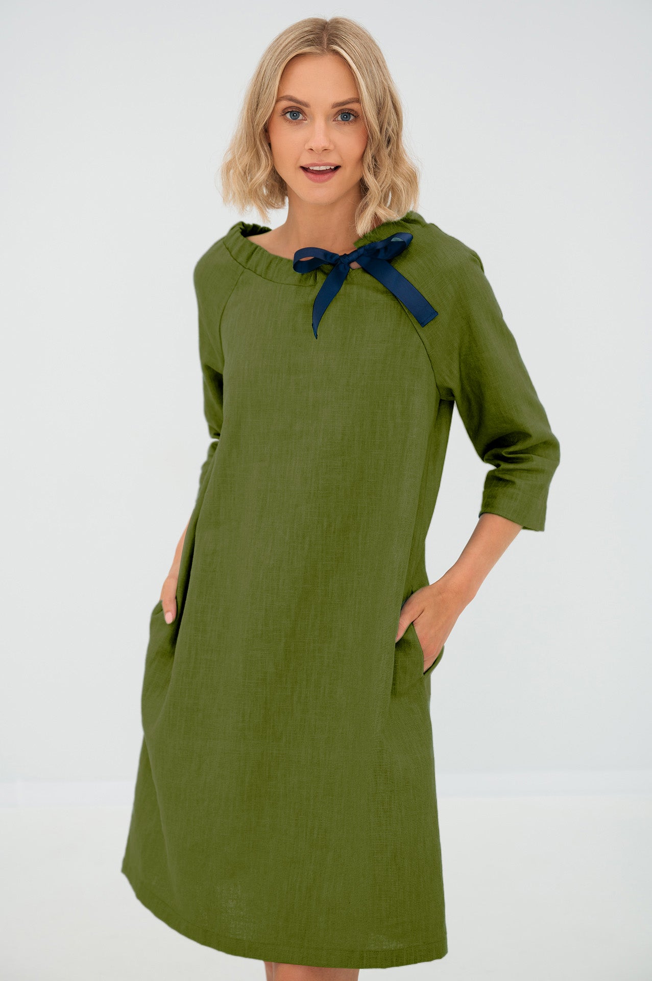 Linen dress FRENCH — Stonewashed Linen with an Adjustable Bow Olive Green#Color_Olive Green