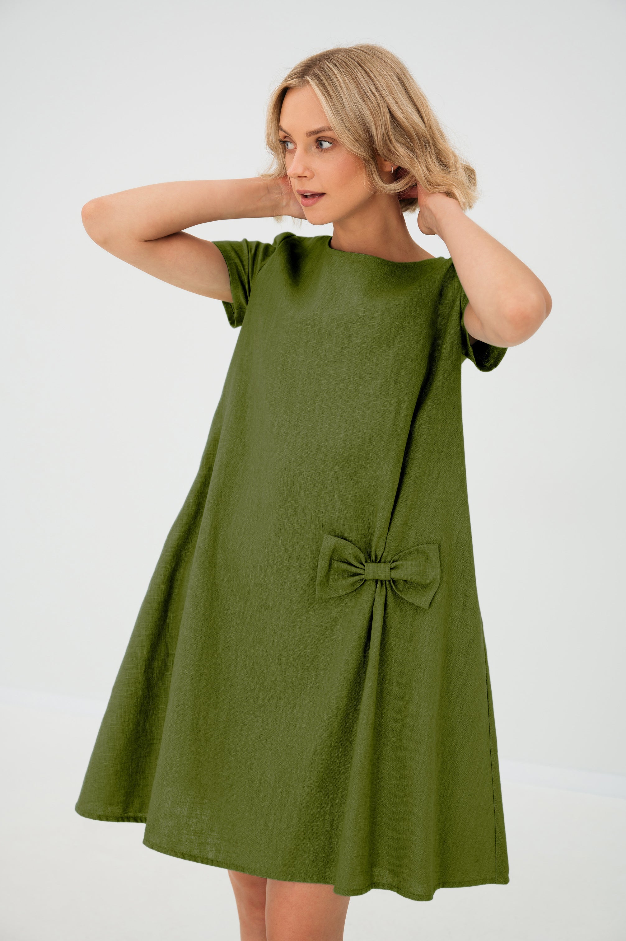 Linen dress SUMMER KISS — Stonewashed Linen with a Bow Olive Green#Color_Olive Green