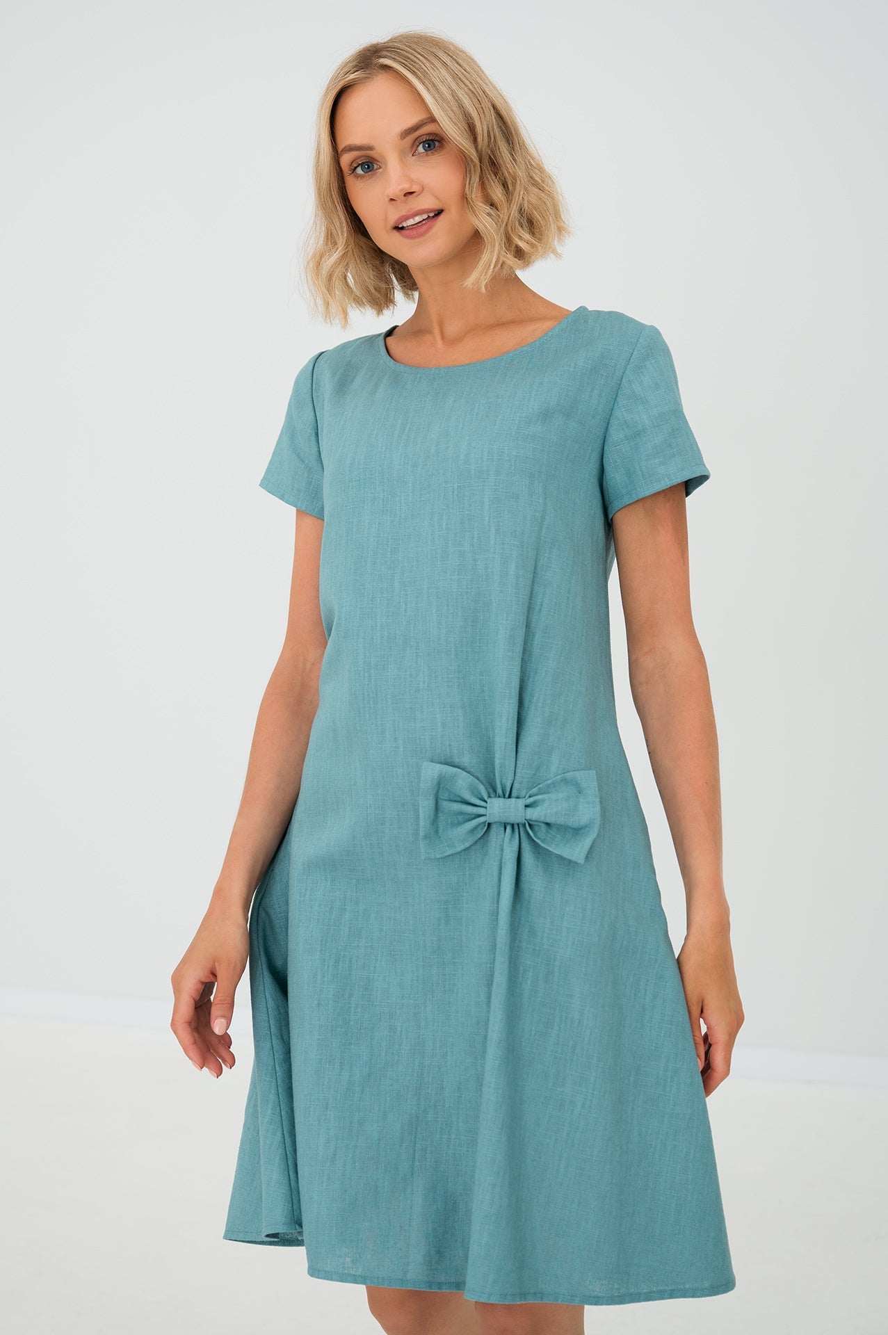 Linen dress SUMMER KISS — Stonewashed Linen with a Bow Teal#Color_Teal