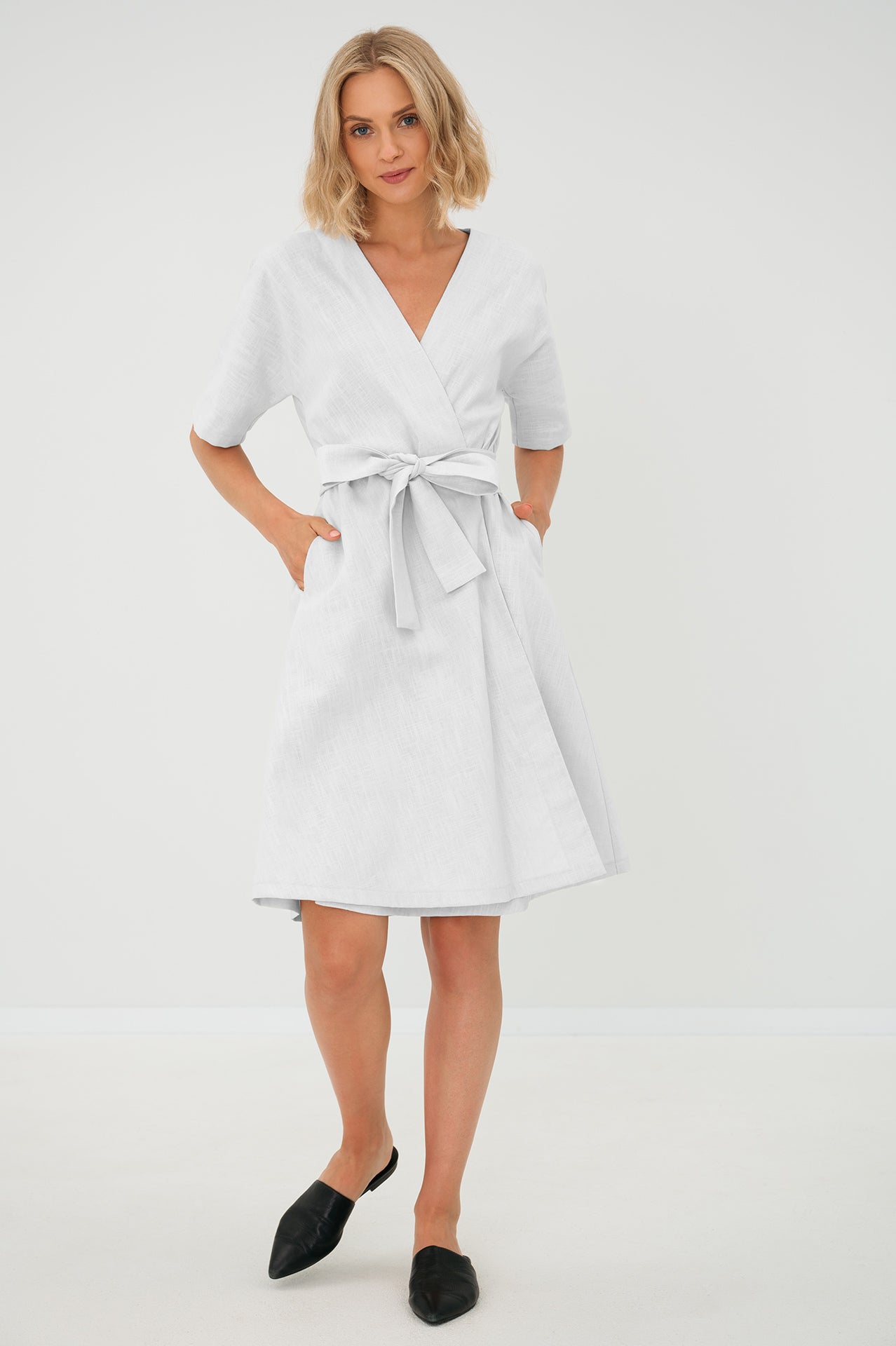 CHLOE — Wrap-Style Linen Dress with Pockets — White#Color_White