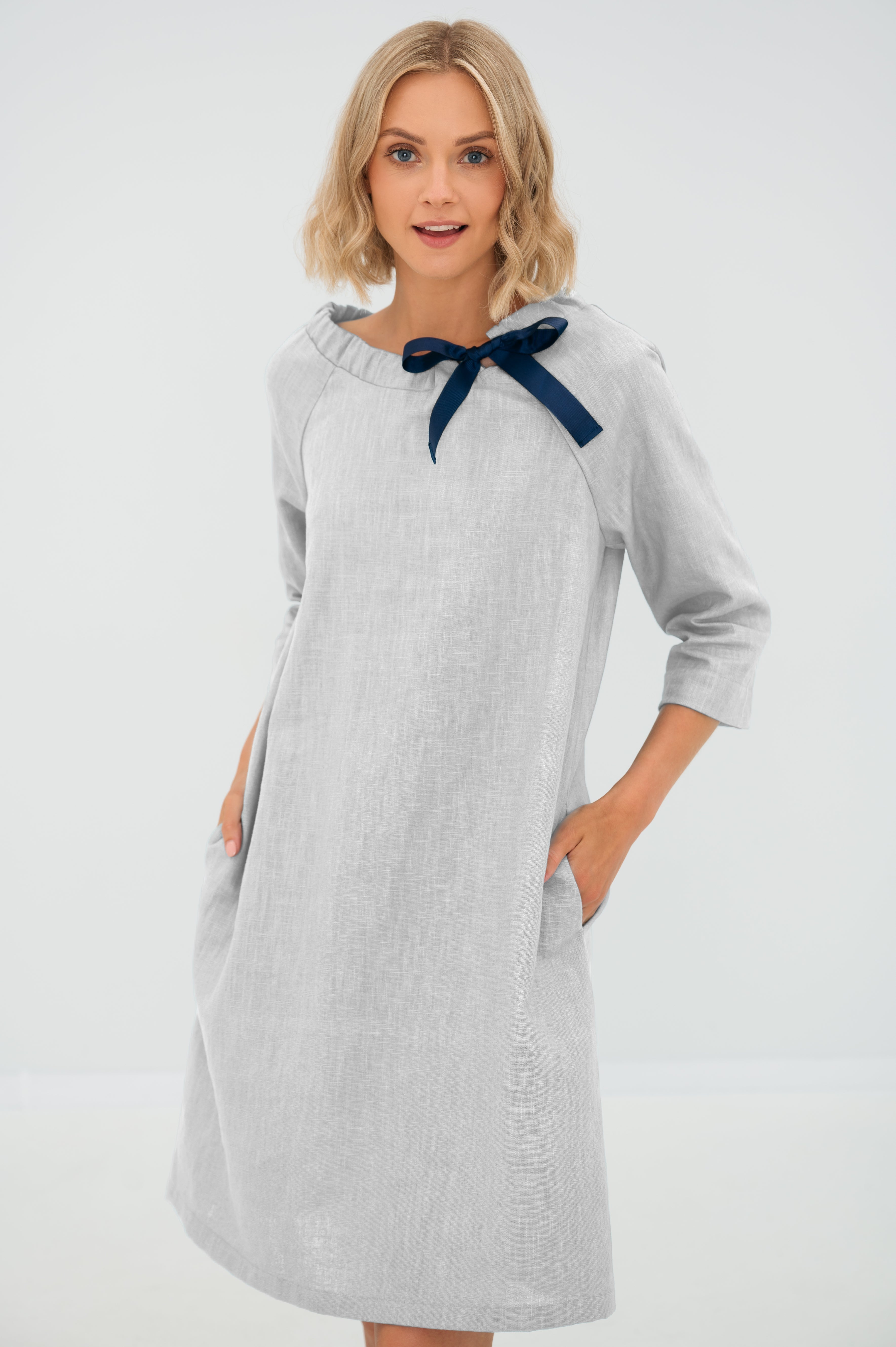 Linen dress FRENCH — Stonewashed Linen with an Adjustable Bow White#Color_White