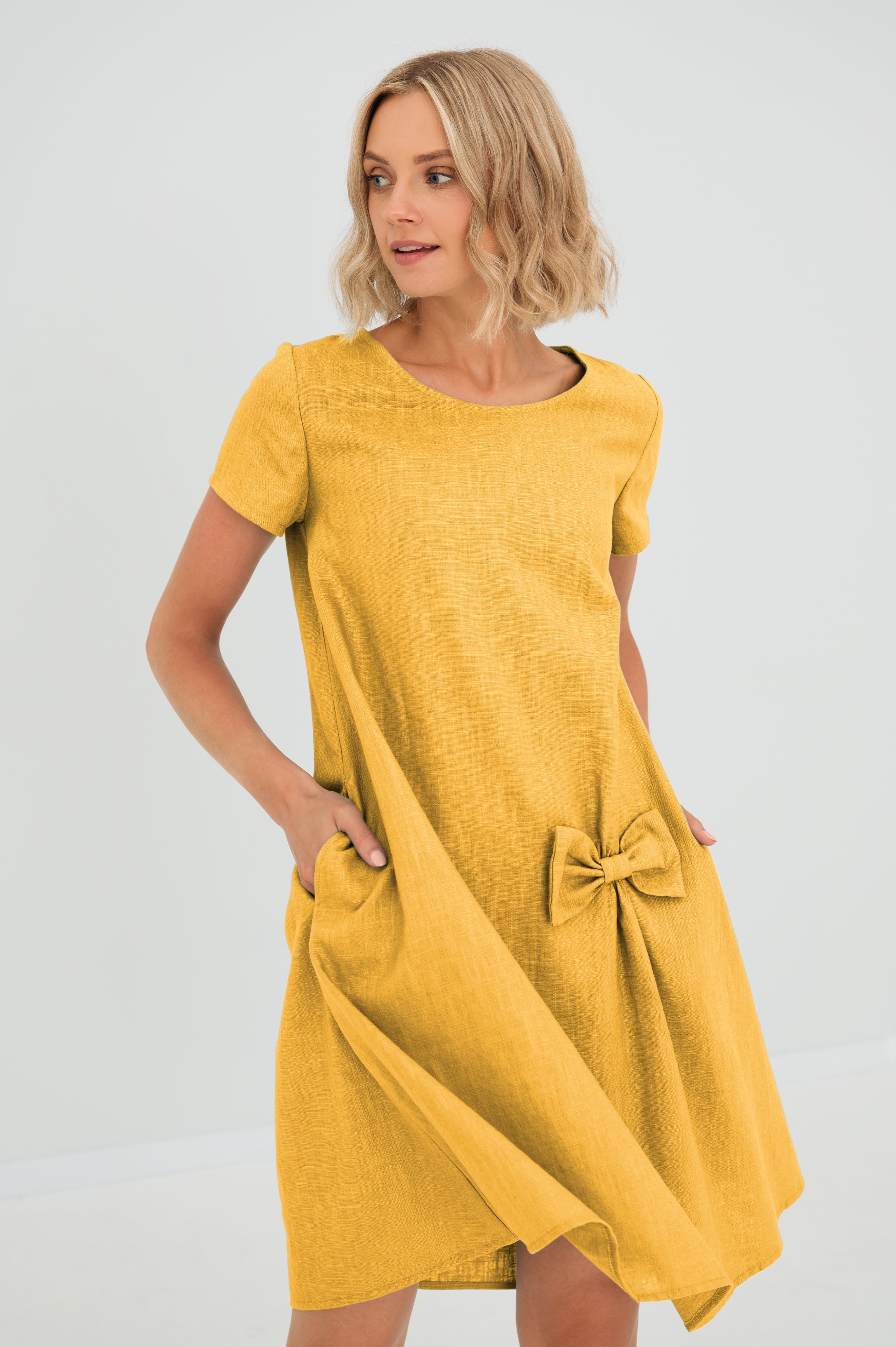 Linen dress SUMMER KISS — Stonewashed Linen with a Bow Yellow#Color_Yellow