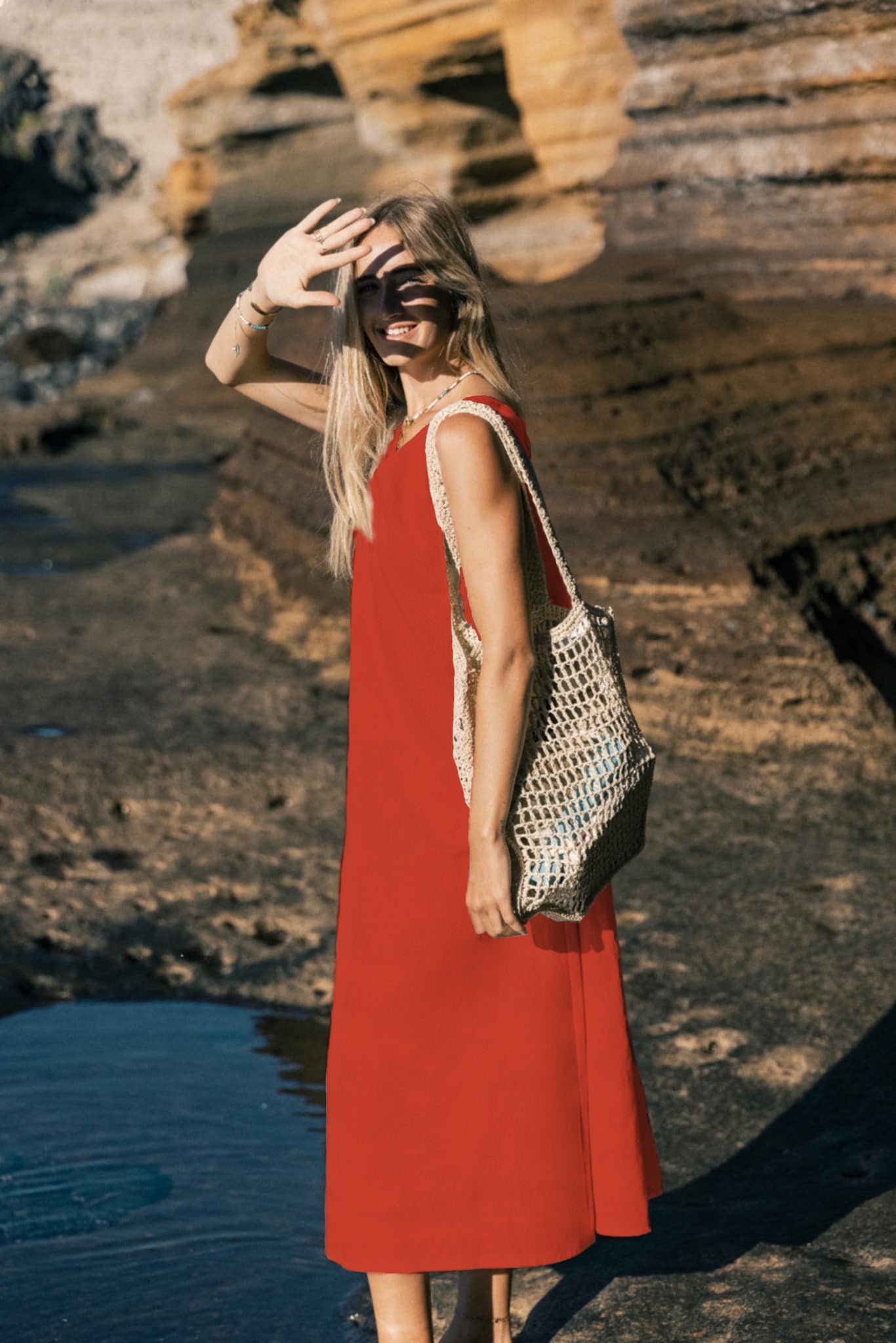SUNSET — Sleeveless V-Neck Linen Midi Dress — Orange#Color_Orange
