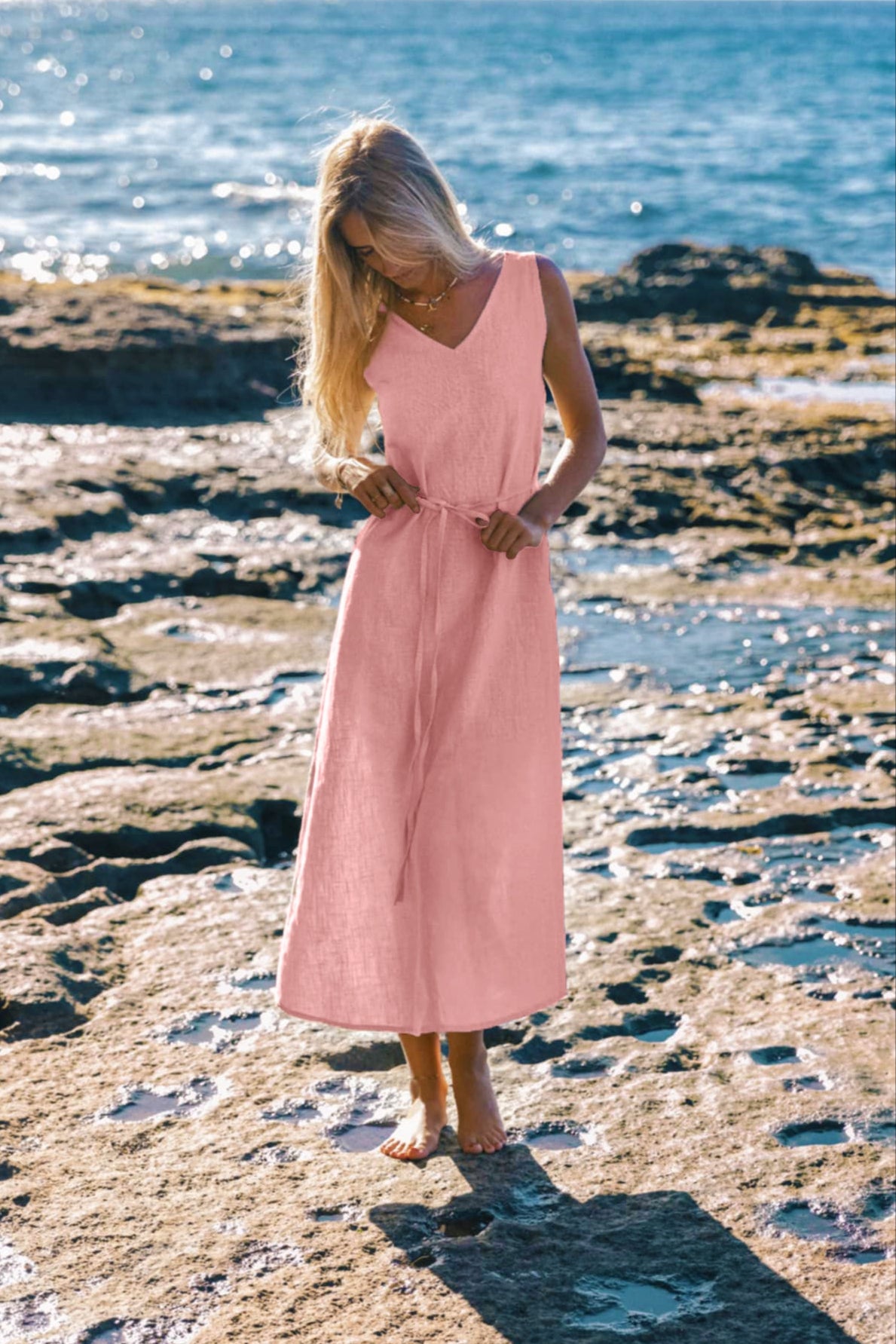SUNSET — Sleeveless V-Neck Linen Midi Dress — Rose#Color_Rose
