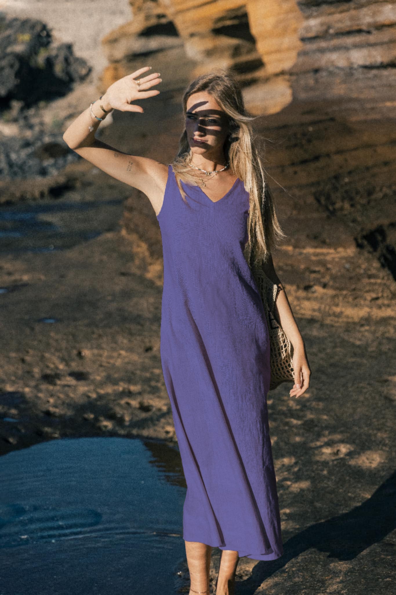 SUNSET — Sleeveless V-Neck Linen Midi Dress — Purple#Color_Purple