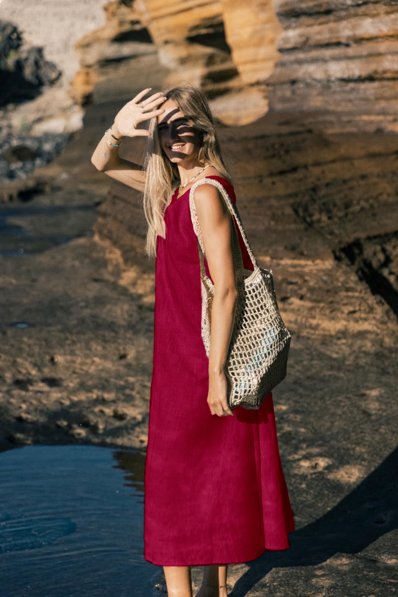 SUNSET — Sleeveless V-Neck Linen Midi Dress — Cerise#Color_Cerise