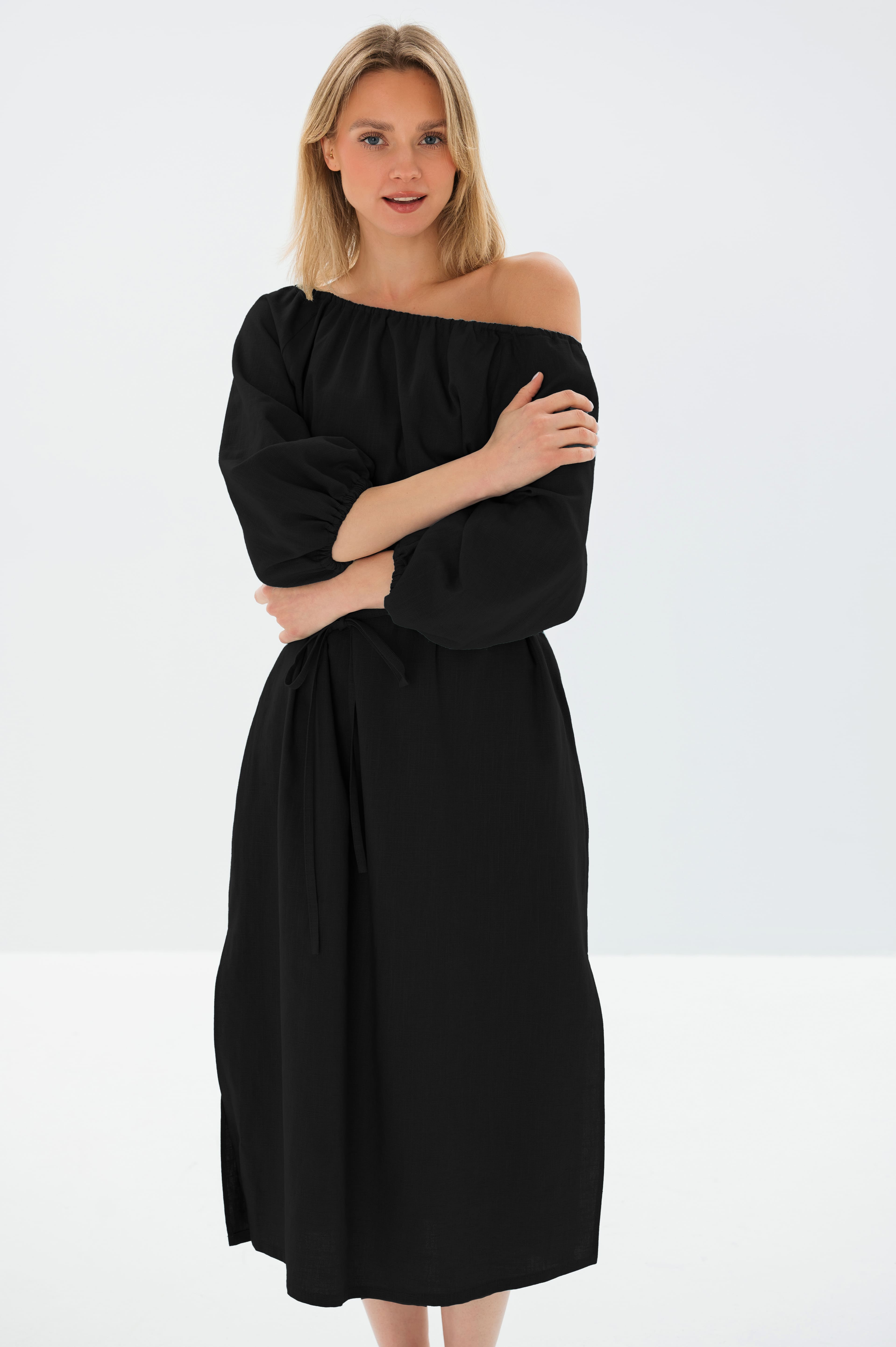 MOON — Off-Shoulder Stonewashed Linen Midi Dress — Black#Color_Black