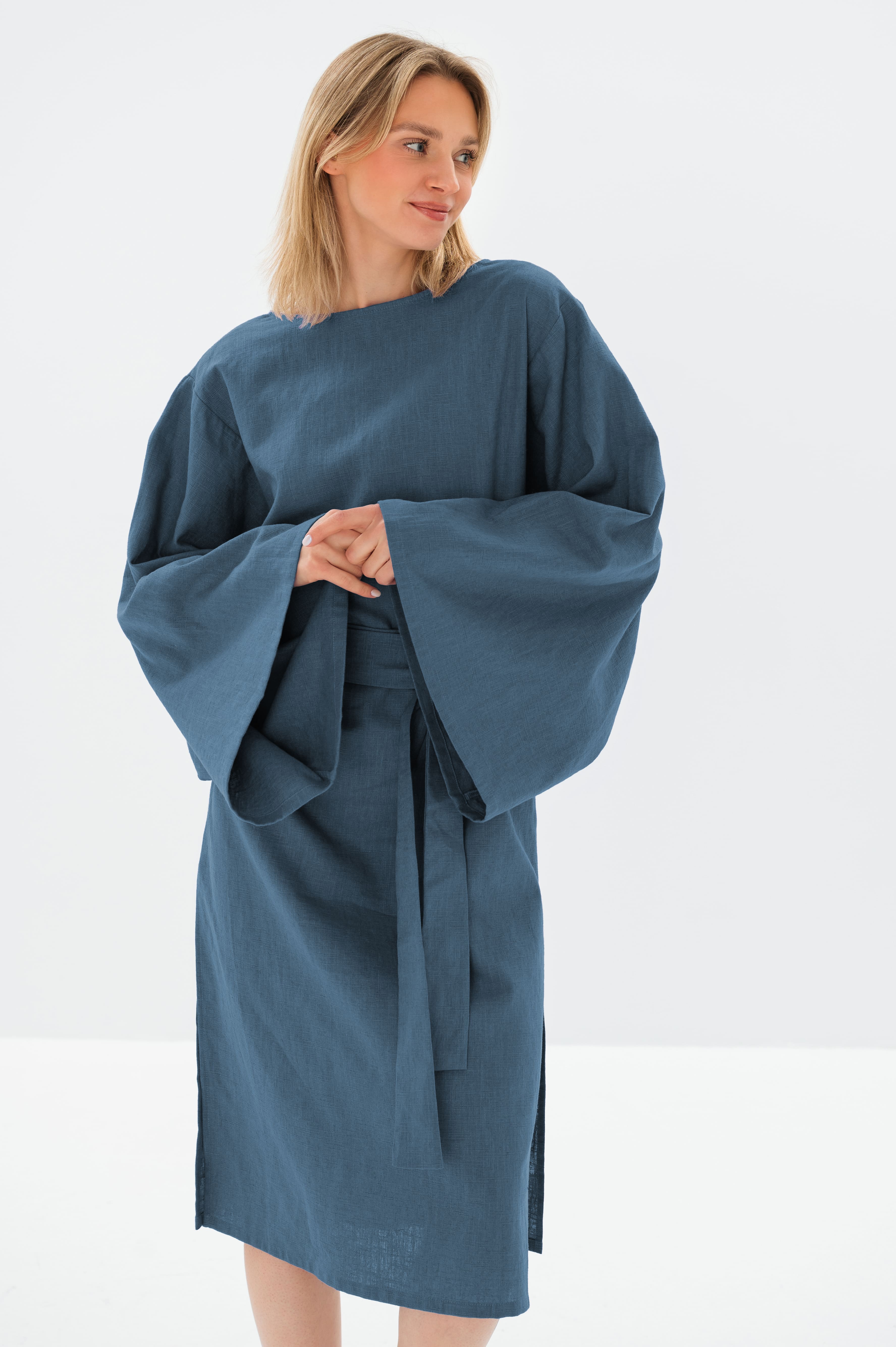 WHISPER — Stonewashed Linen Kimono-Sleeve Midi Dress