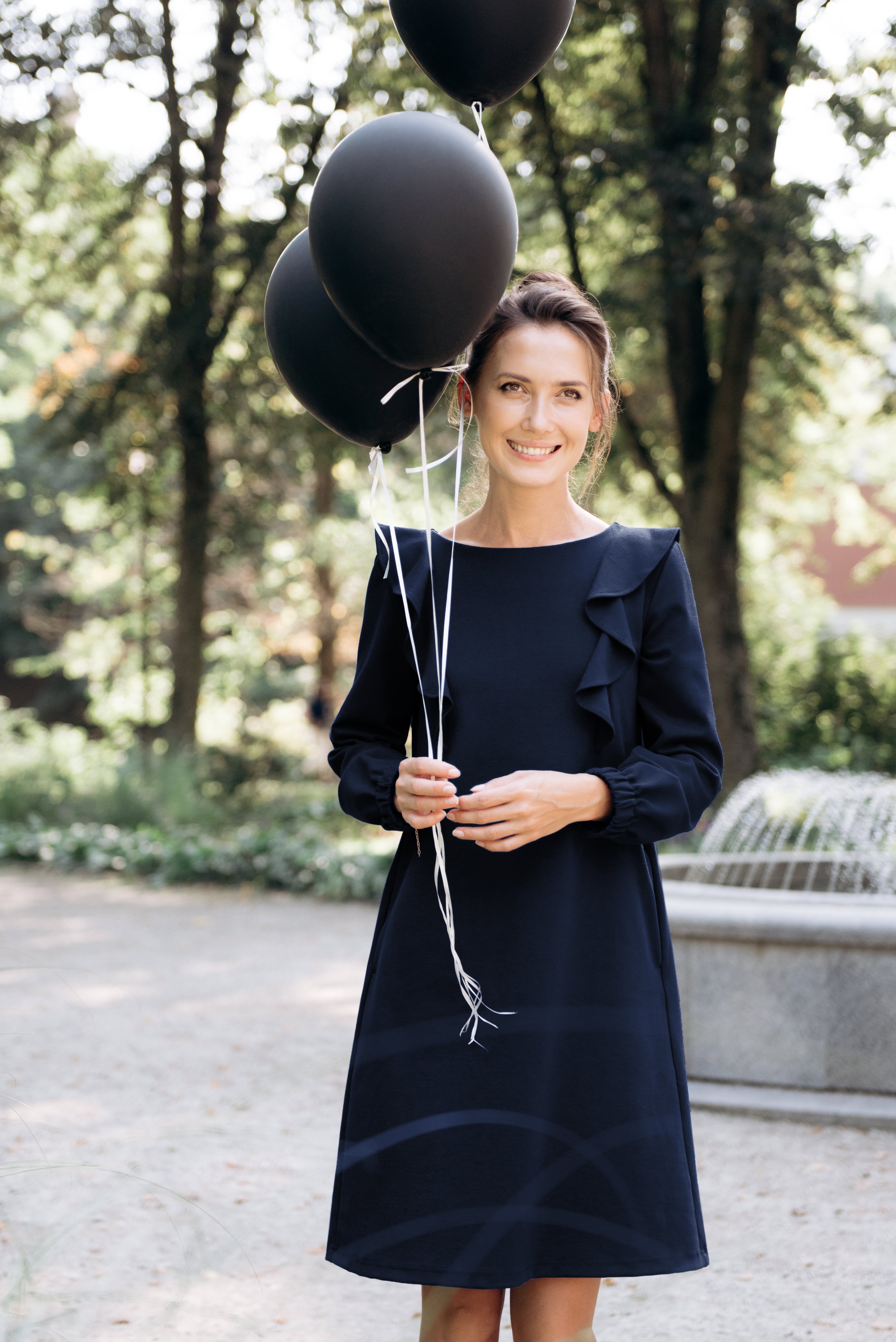 BUTTERFLY — Italian Punto Milano Knit A-Line Dress — Deep blue#Color_Deep blue