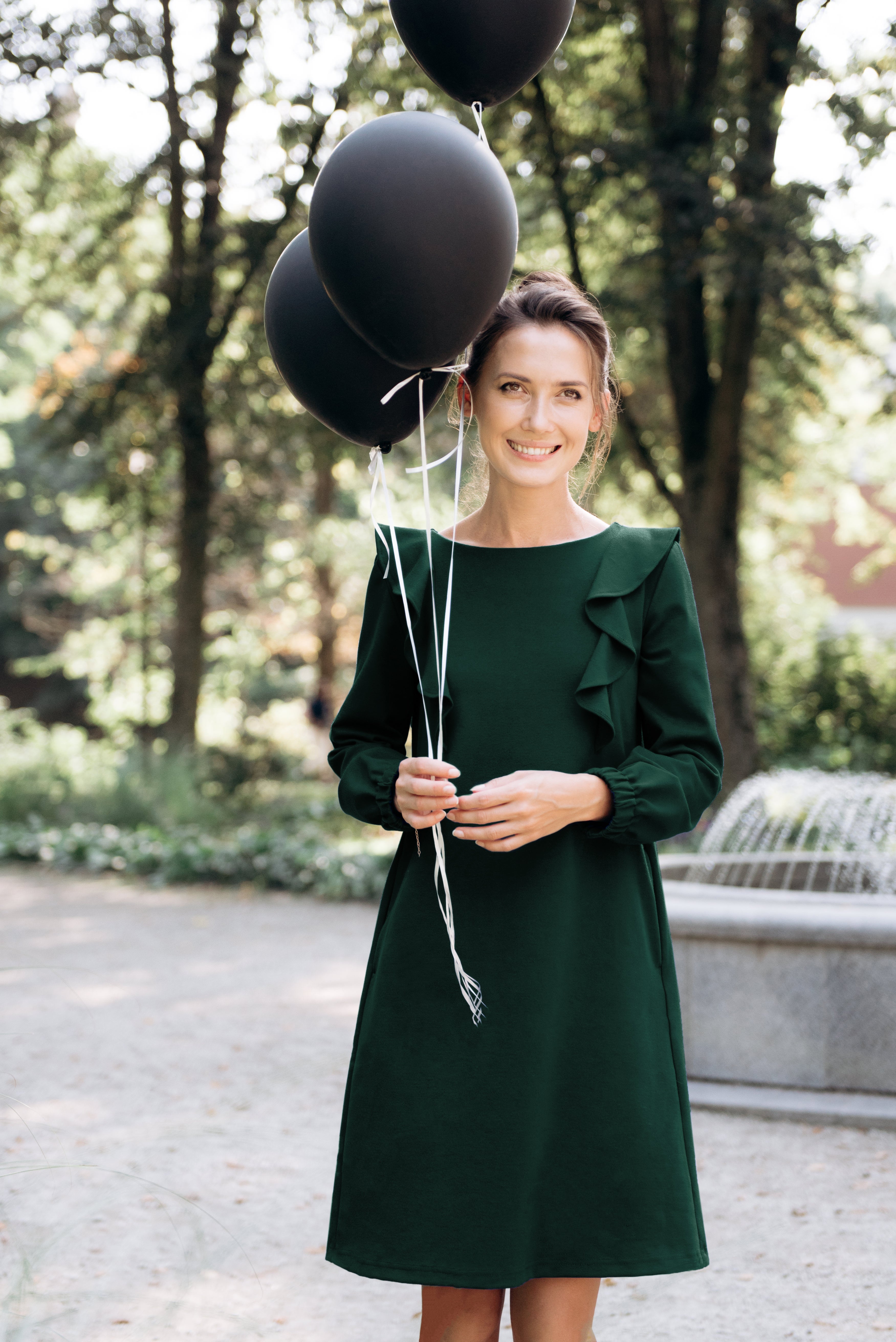 BUTTERFLY — Italian Punto Milano Knit A-Line Dress — Green#Color_Green