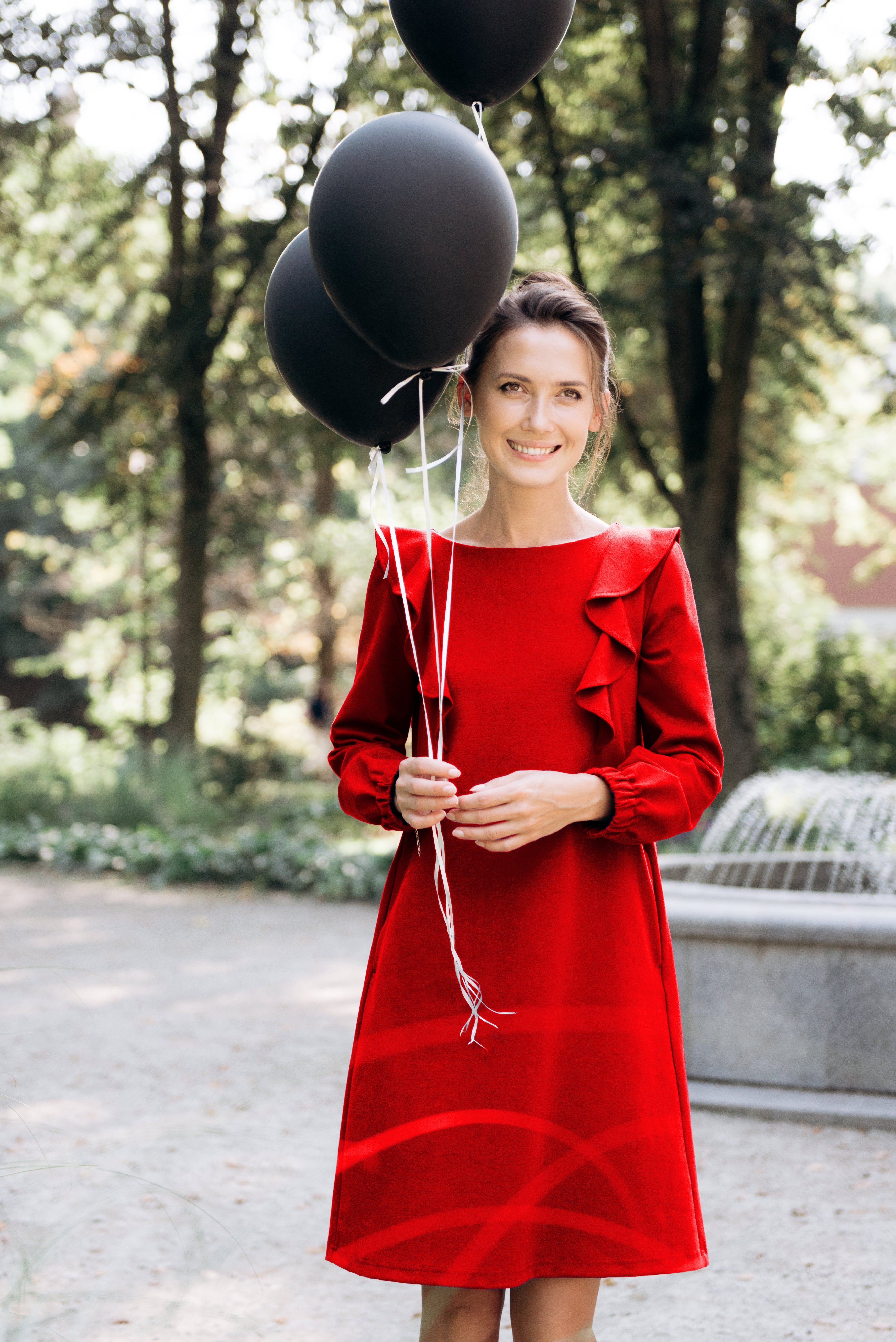 BUTTERFLY — Italian Punto Milano Knit A-Line Dress — Red#Color_Red