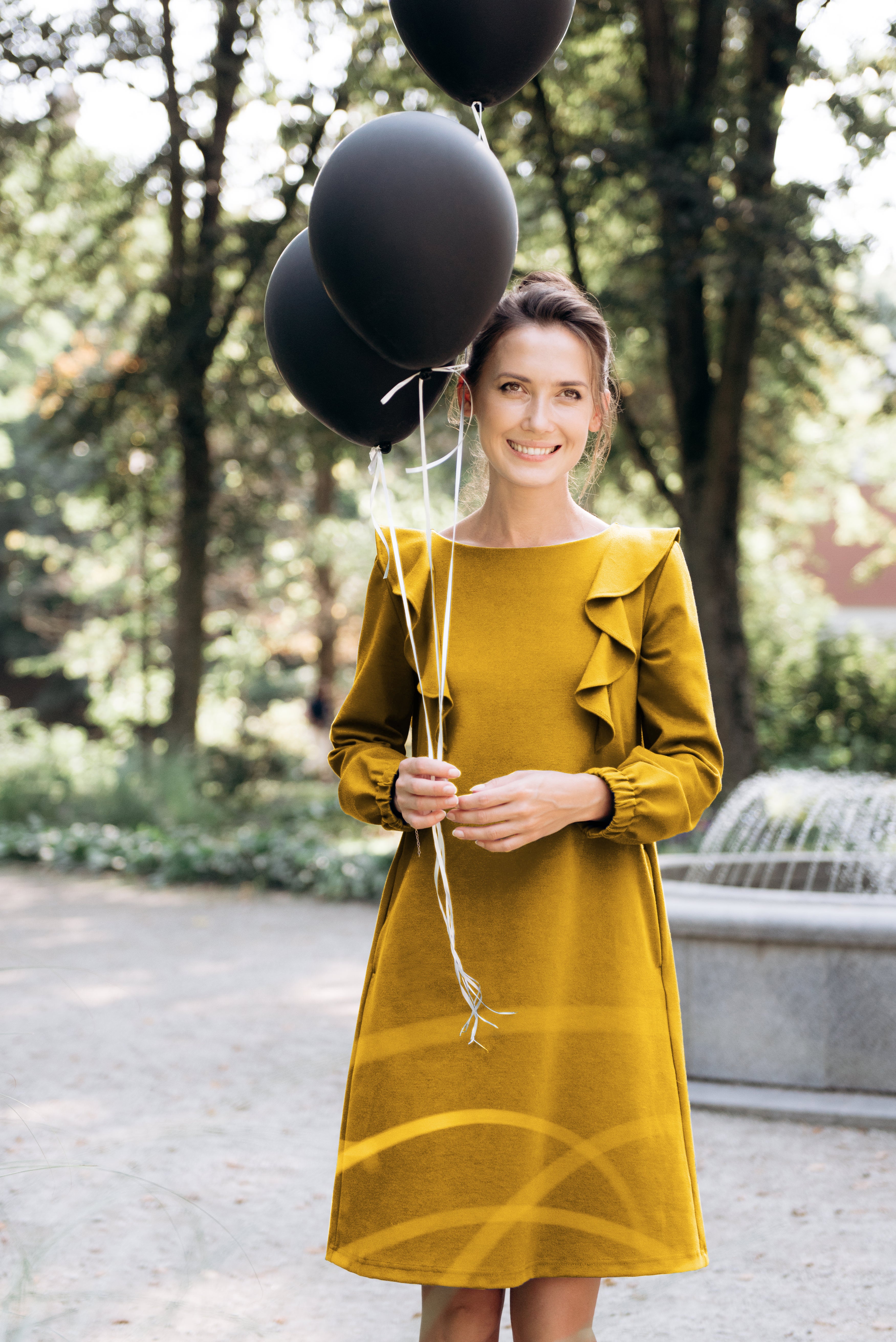 BUTTERFLY — Italian Punto Milano Knit A-Line Dress — Yellow#Color_Yellow