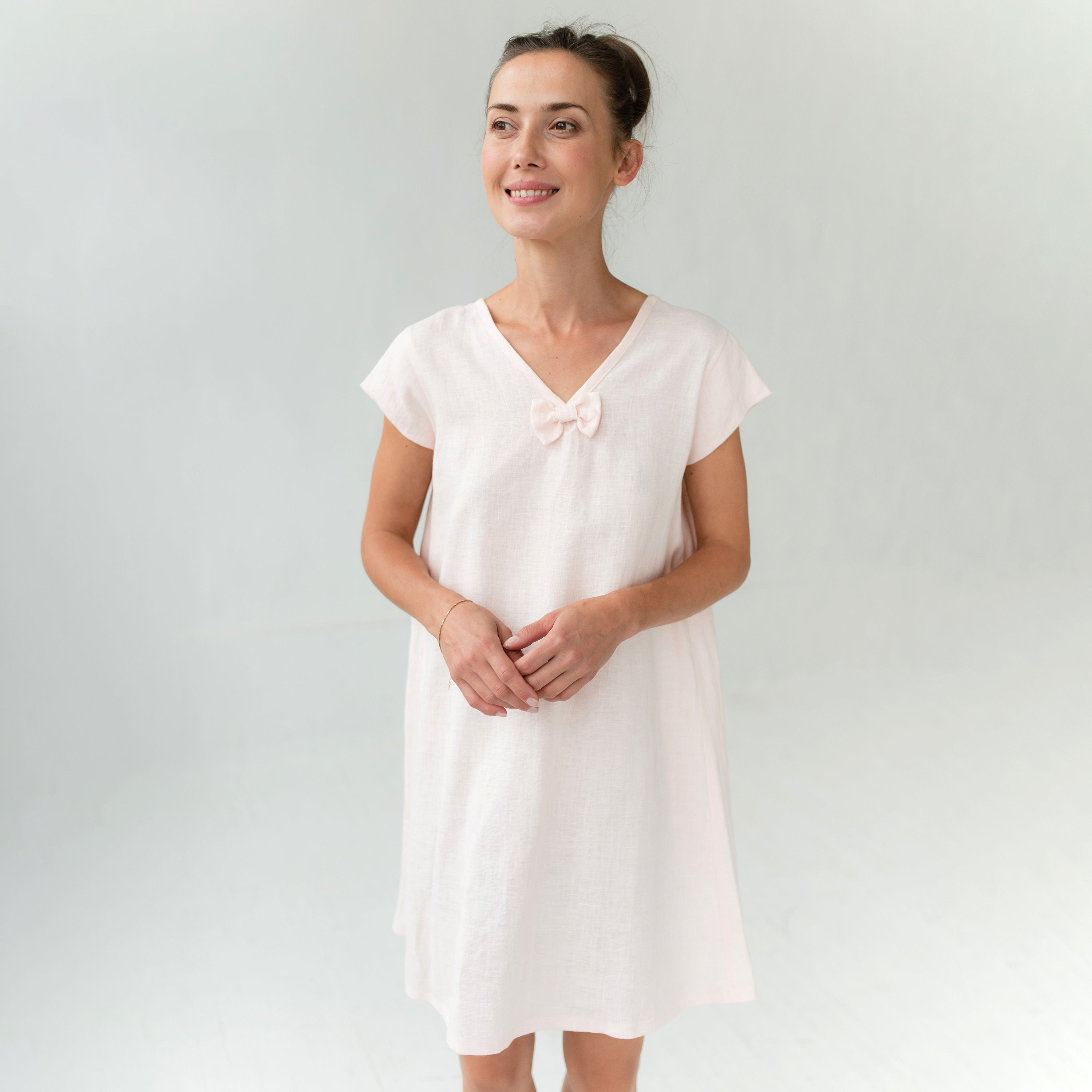 STARS — Stonewashed Linen Shift Dress with Bow, Rose