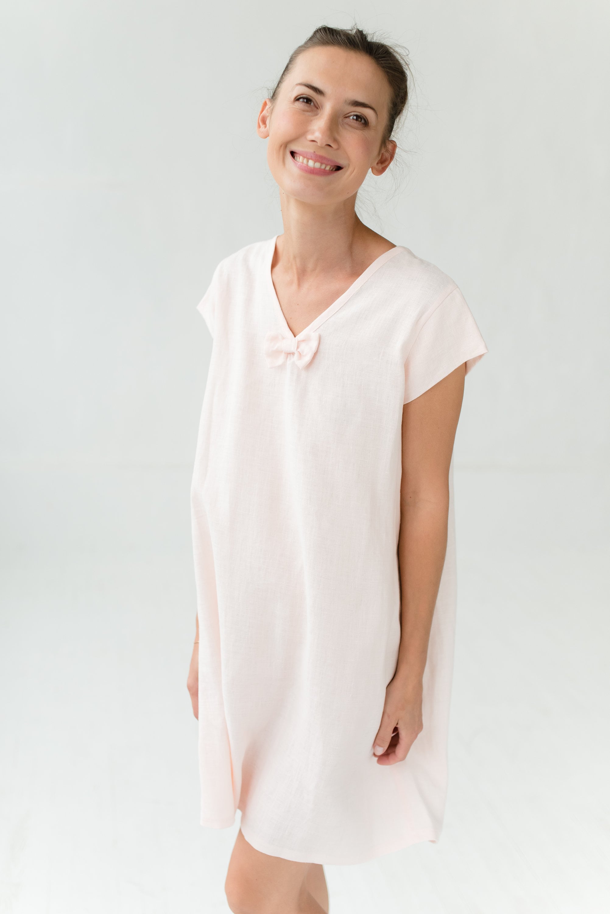 STARS — Stonewashed Linen Shift Dress with Bow, Rose