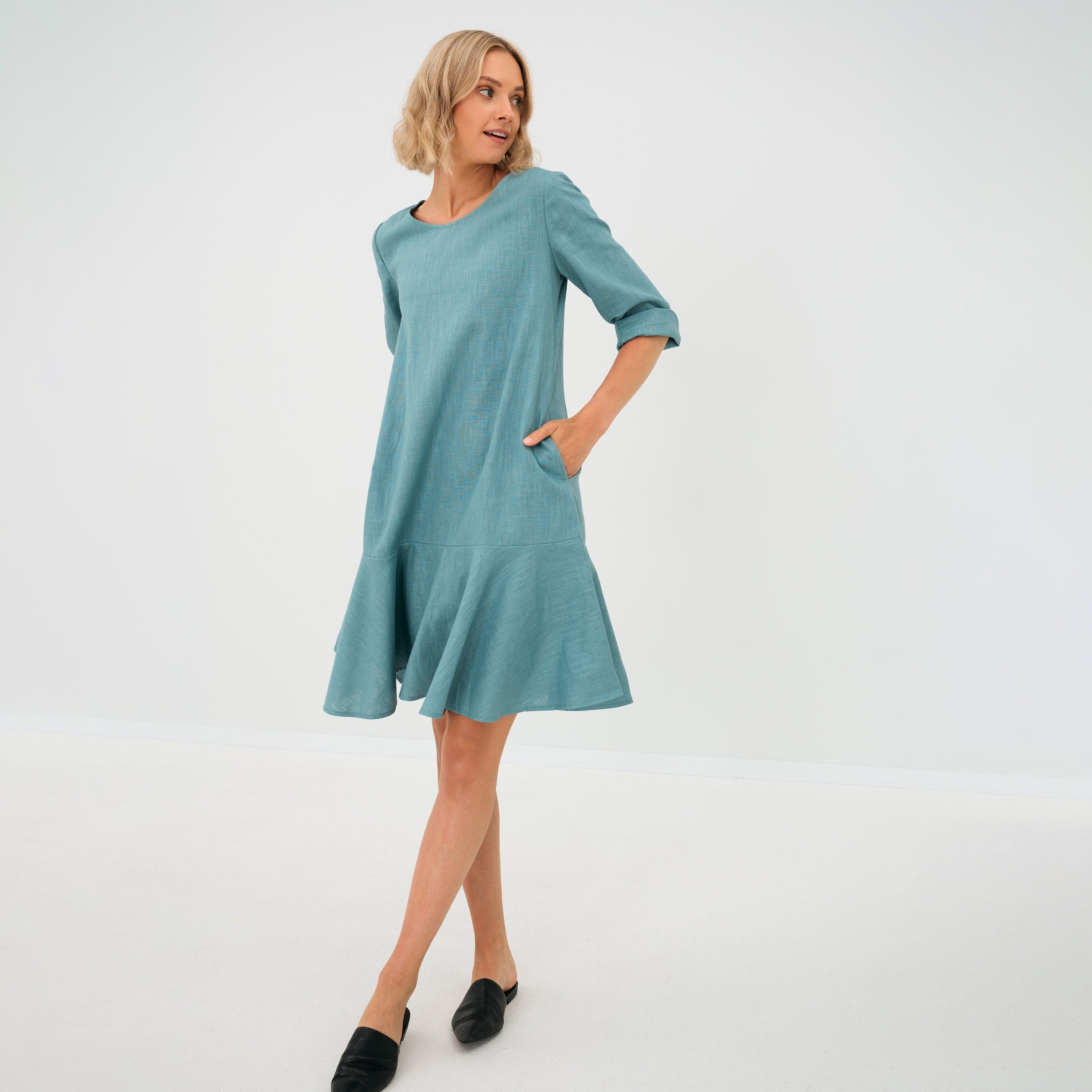 NORA — Stonewashed Linen Flounce-Hem Dress