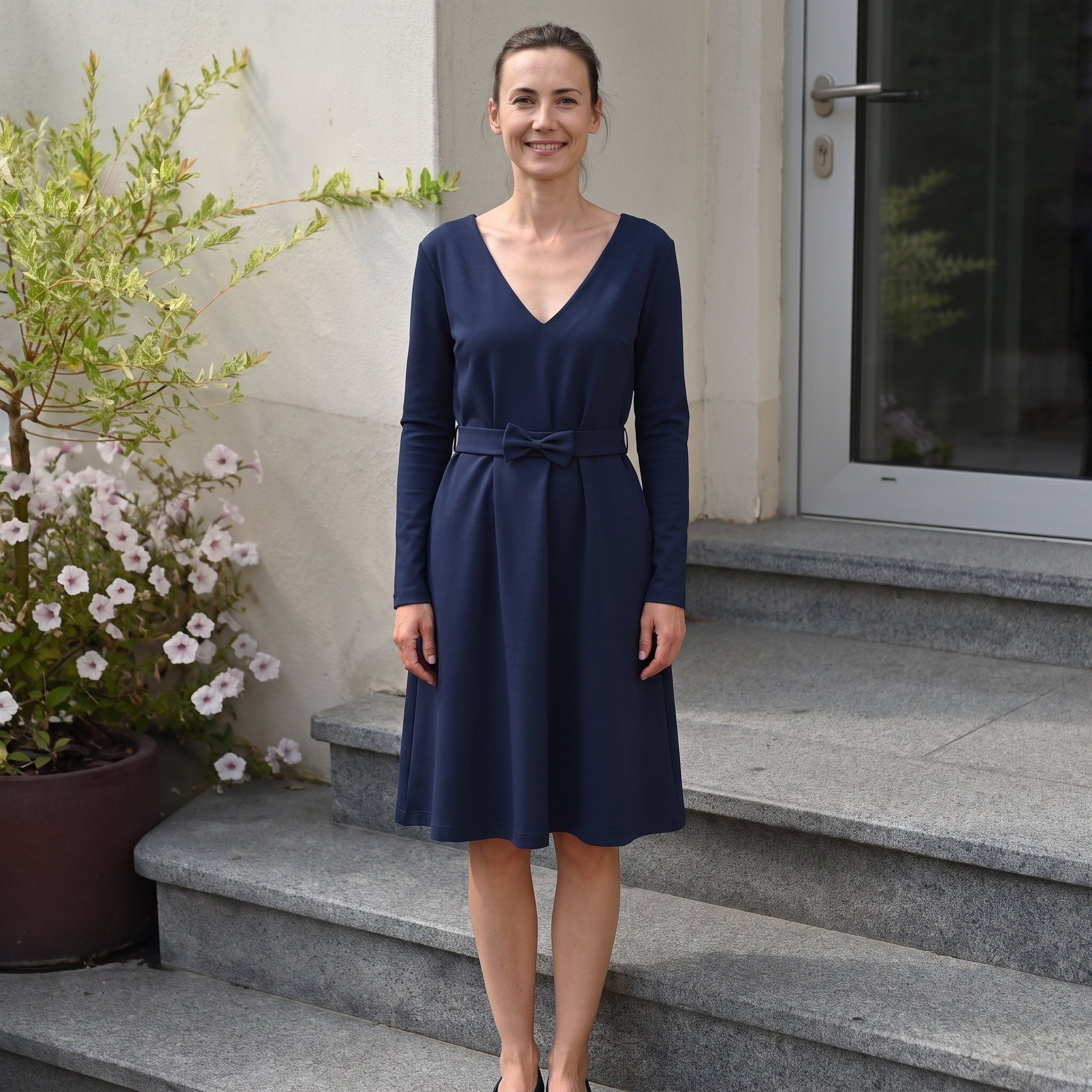 JAZZ — Italian Punto Milano Knit Dress, Belted V-Neck