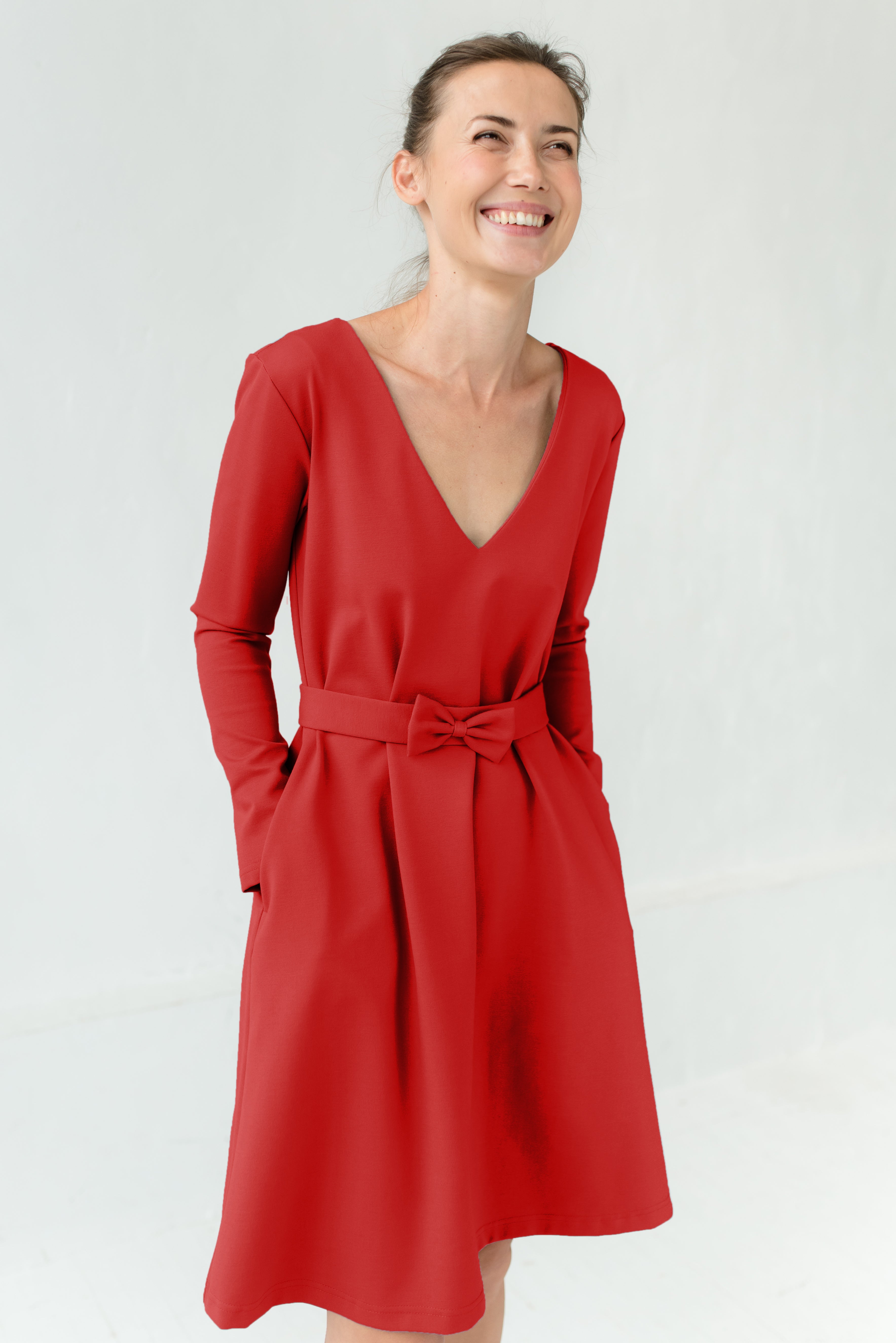 JAZZ — Italian Punto Milano Knit Dress, Belted V-Neck — Red#Color_Red