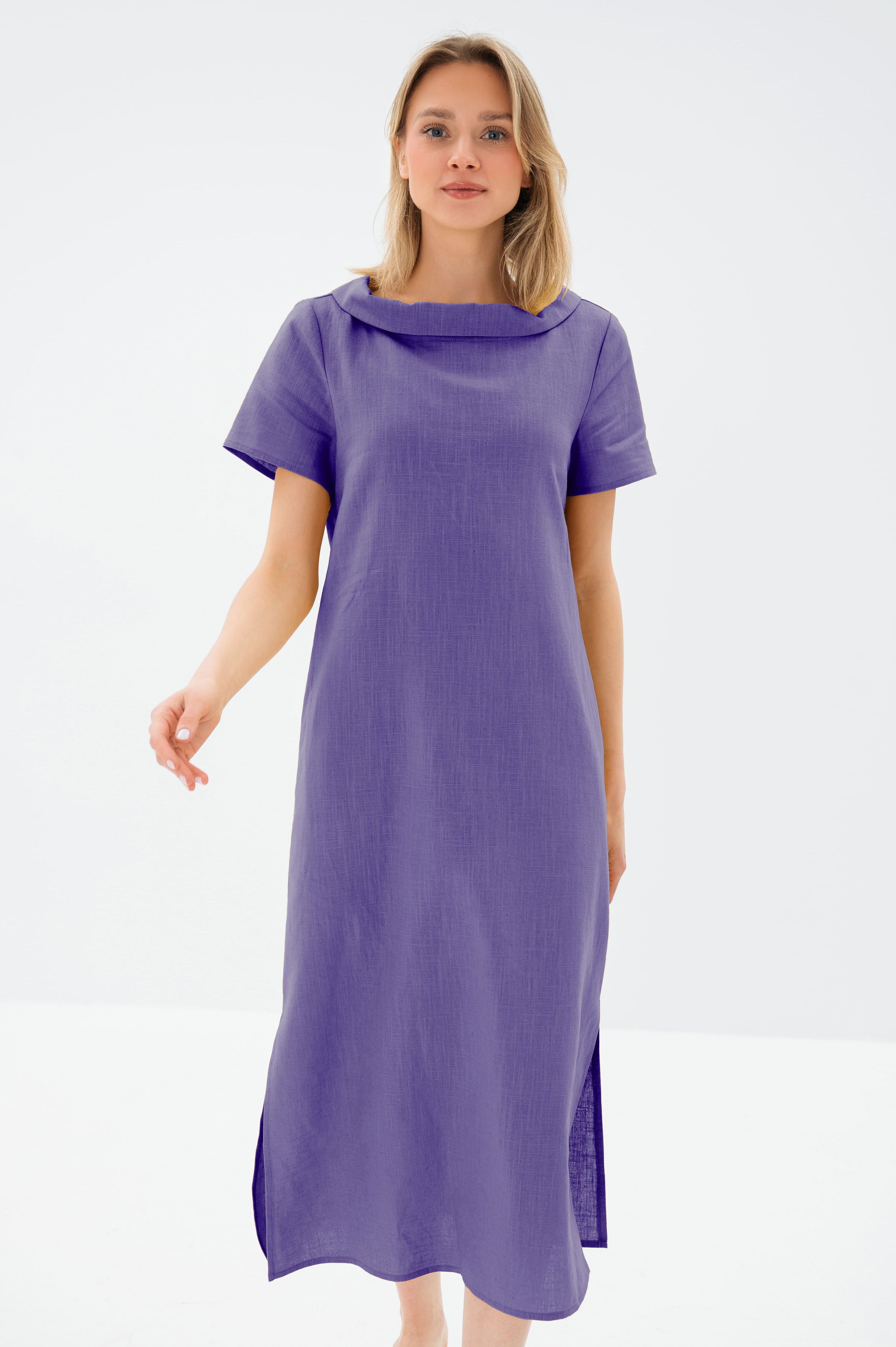 LONG STORY — Short-Sleeve Belted Linen Midi Dress — Purple#Color_Purple