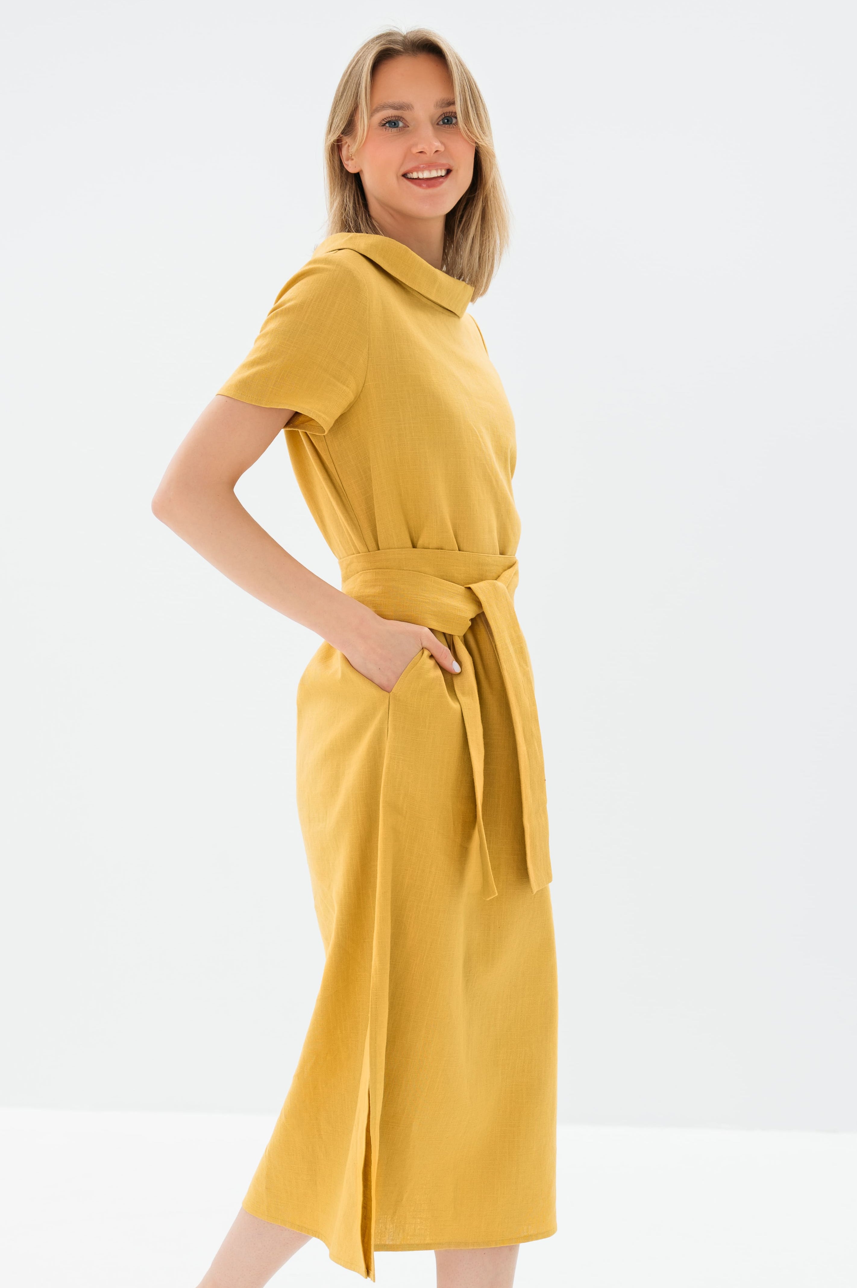LONG STORY — Short-Sleeve Belted Linen Midi Dress — Yellow#Color_Yellow