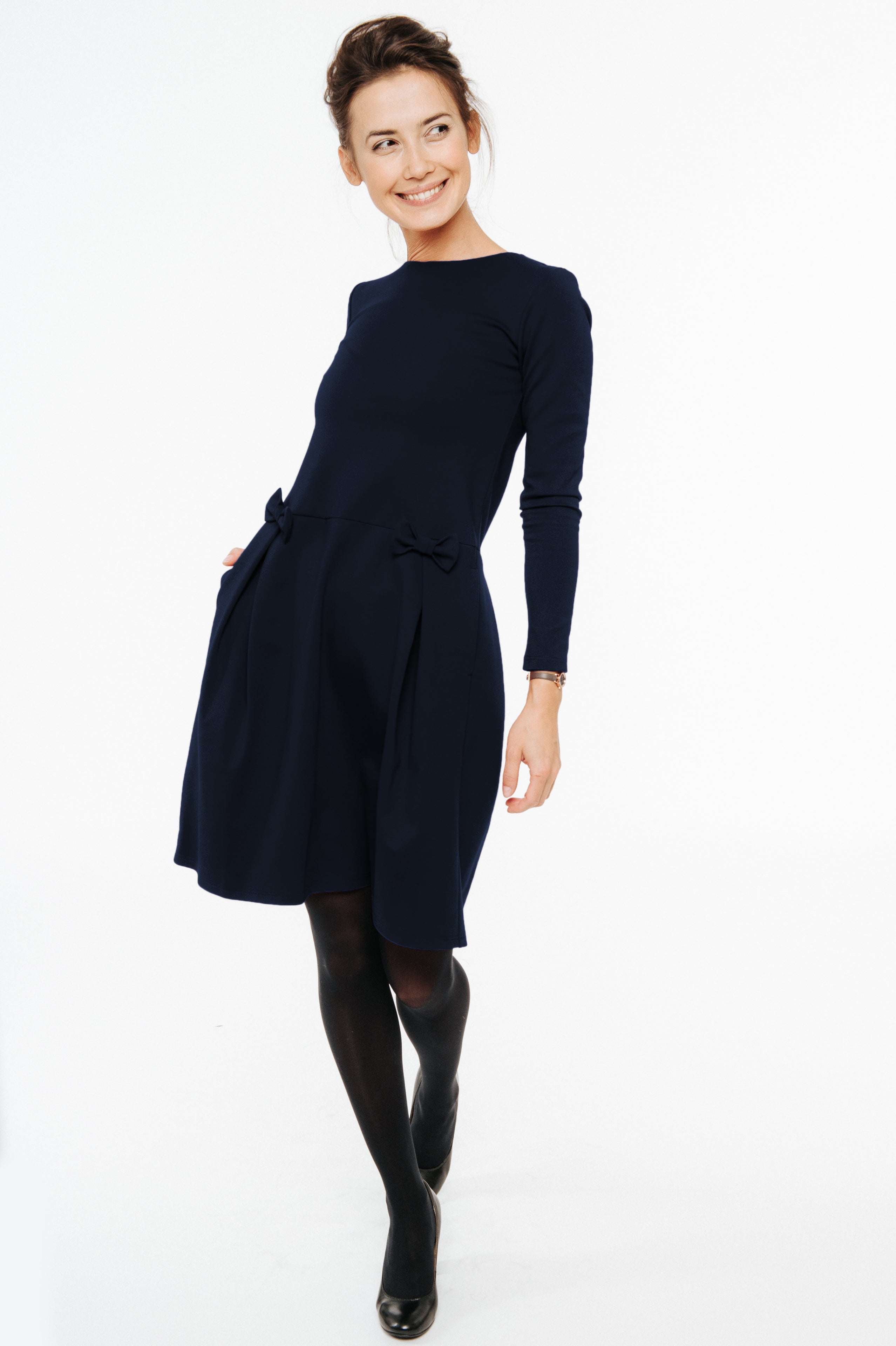 MADMUAZEL — Italian Punto Milano Knit Dress with Bows — Deep blue#Color_Deep blue